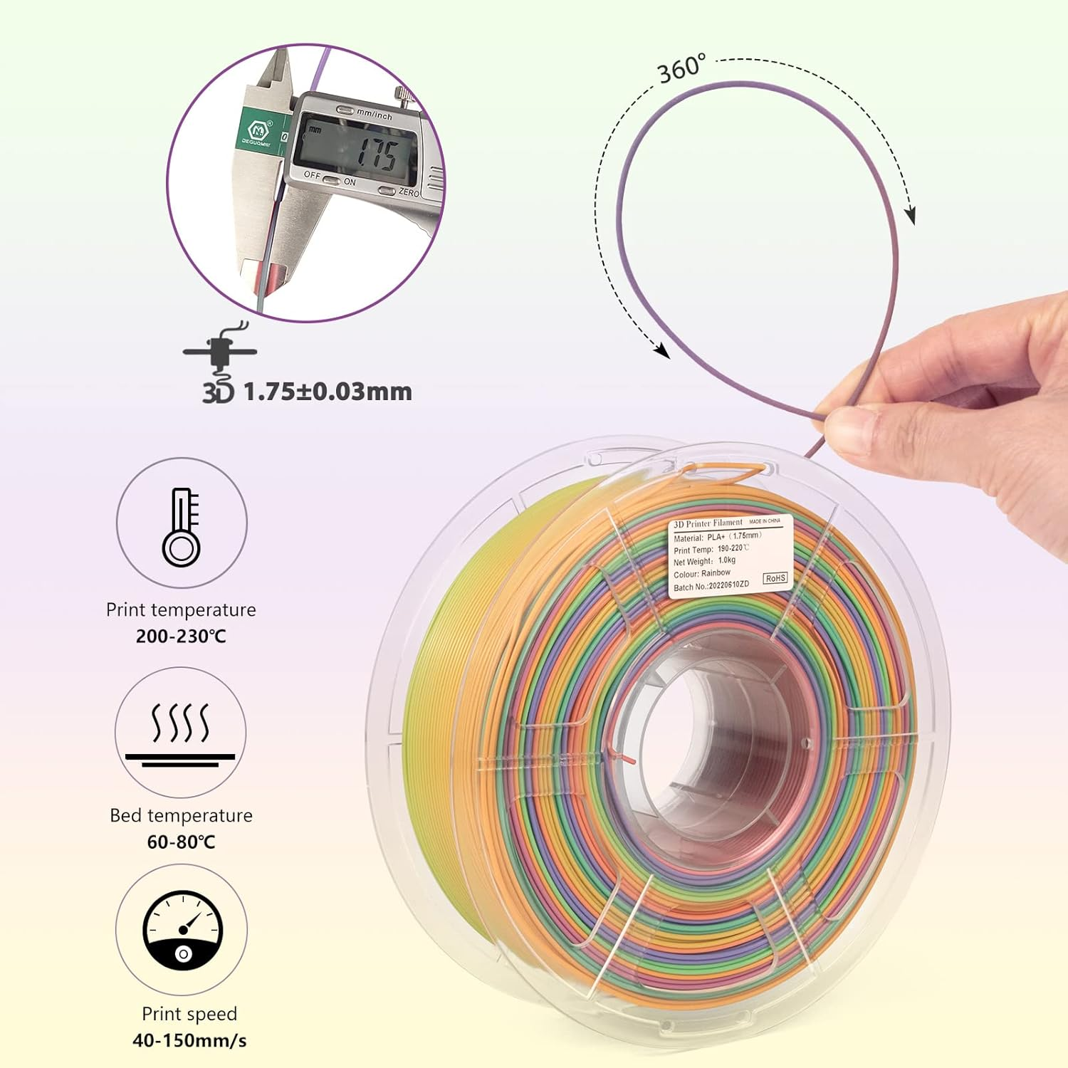 Isanmate 3D Printer Filament Rainbow Filament, 1.75Mm Multicolor Gradient Filament, Smooth Printing with Dimensional Accuracy &plusmn;0.02Mm, 1KG Spool for FDM 3D Printers - Rainbow Pla+ image number 6