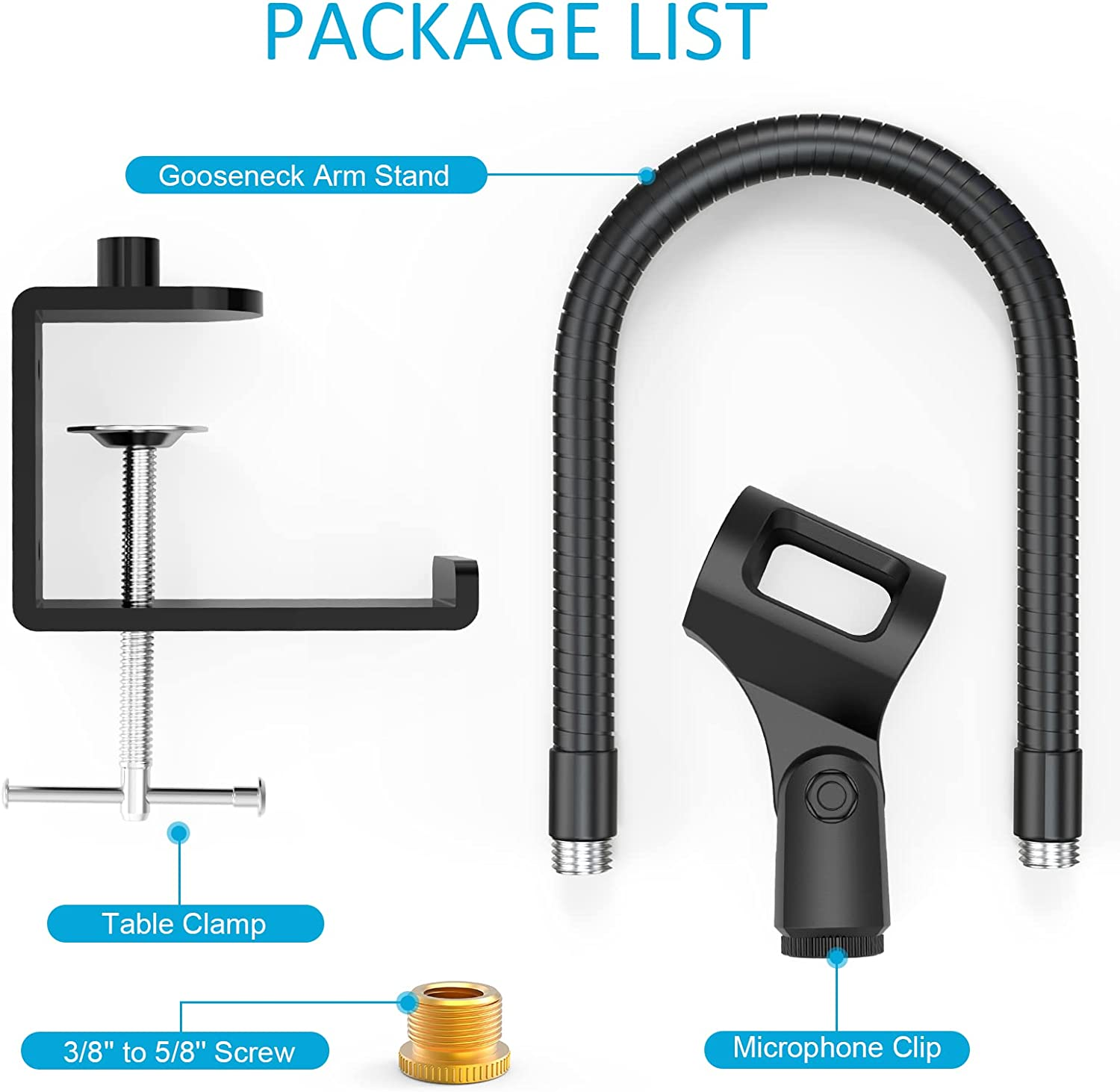 Zealsound Microphone Stand,Flexible Gooseneck Desktop Mic Stands Holder with Heavy Duty Desk Clamp,3/8" to 5/8" Screw Adapter Include 360 Adjustable Compact Mic Arm for Blue Snowball Ice Spark (Black) image number 3