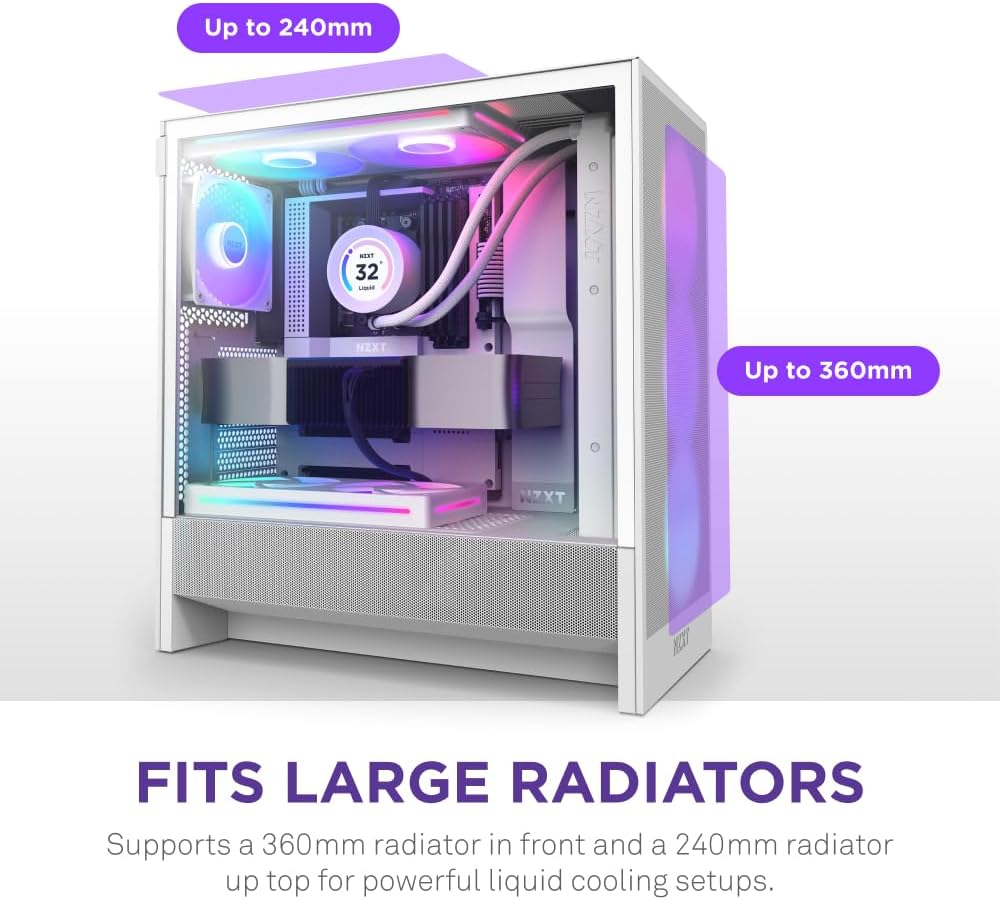 NZXT H5 Flow RGB 2024 - Compact ATX Mid-Tower PC Gaming Case - High Airflow - F360 RGB Core (CV) Included - 360Mm Front & 240Mm Top Radiator Support - Cable Management - Tempered Glass - White image number 4
