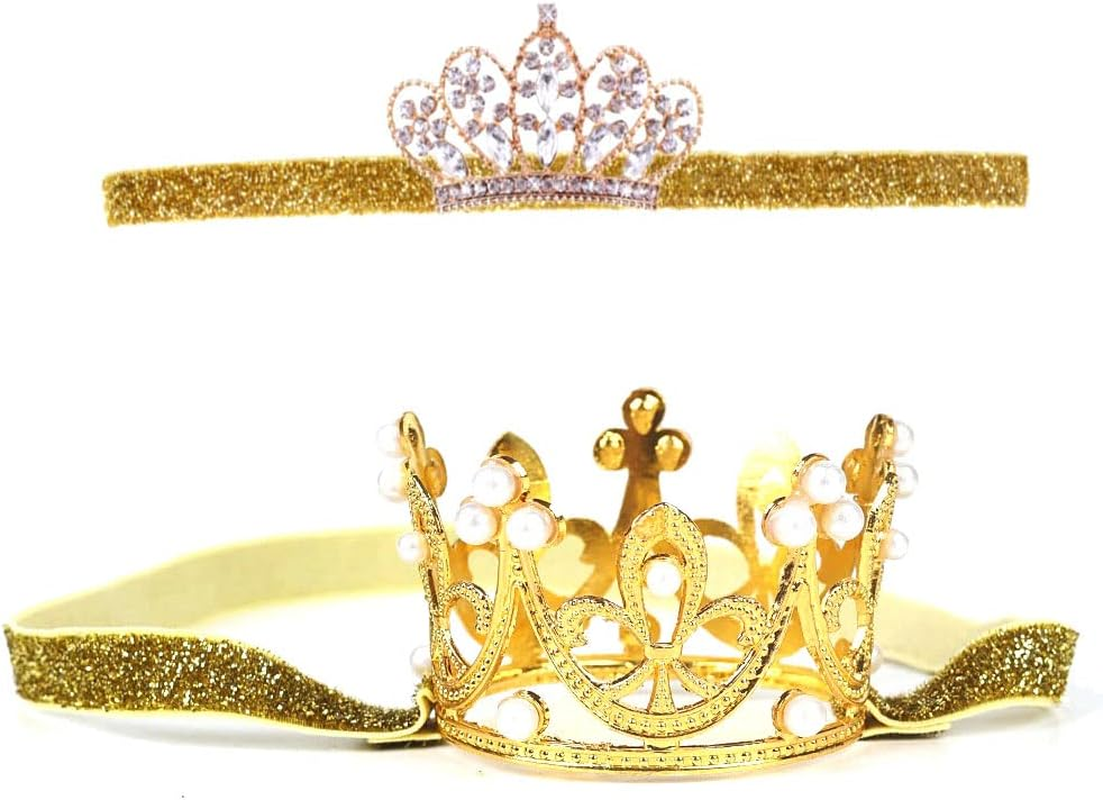 Nishine 2 Pieces Baby Girls Crown Headband Princess Tiara Headdress Set Toddler Elastic Head Band (White)