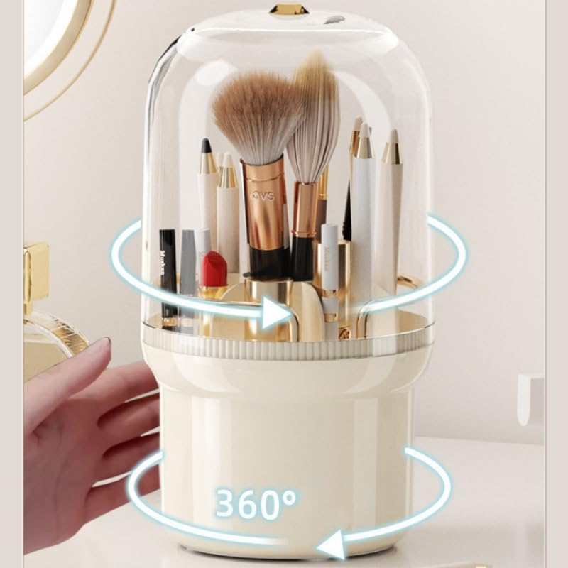 Makeup Brush Holder, 360&deg; Rotating Makeup Brush Organizer with Lid, Dustproof Cosmetic Brushes Storage with 7 Slots for Vanity Desktop Bathroom Countertop, Cream image number 1