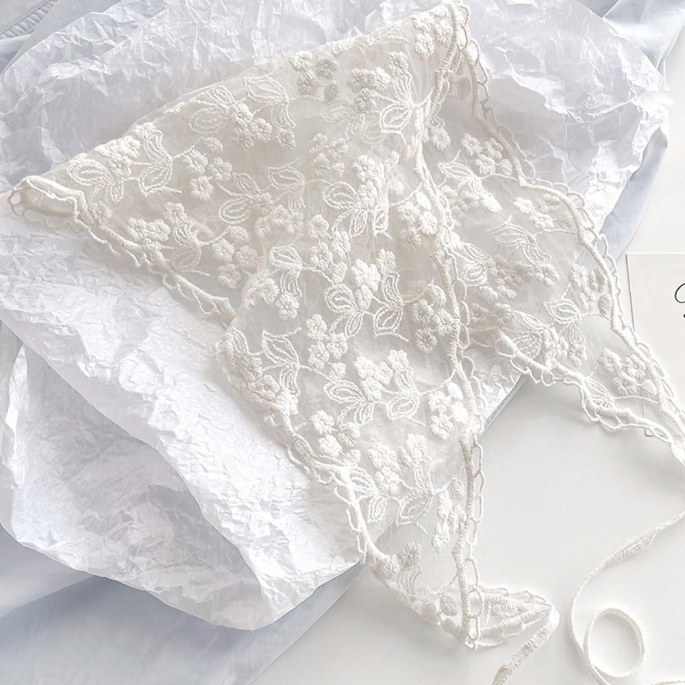 Lace Floral Hair Bandana White Hair Headband Head Scarf for Women Girls Vintage Triangle Head Kerchief Tie-Back Headwraps Flower Hair Scarf Headscarf Bandana Boho Headbands Bandanas for Hair Styling image number 5