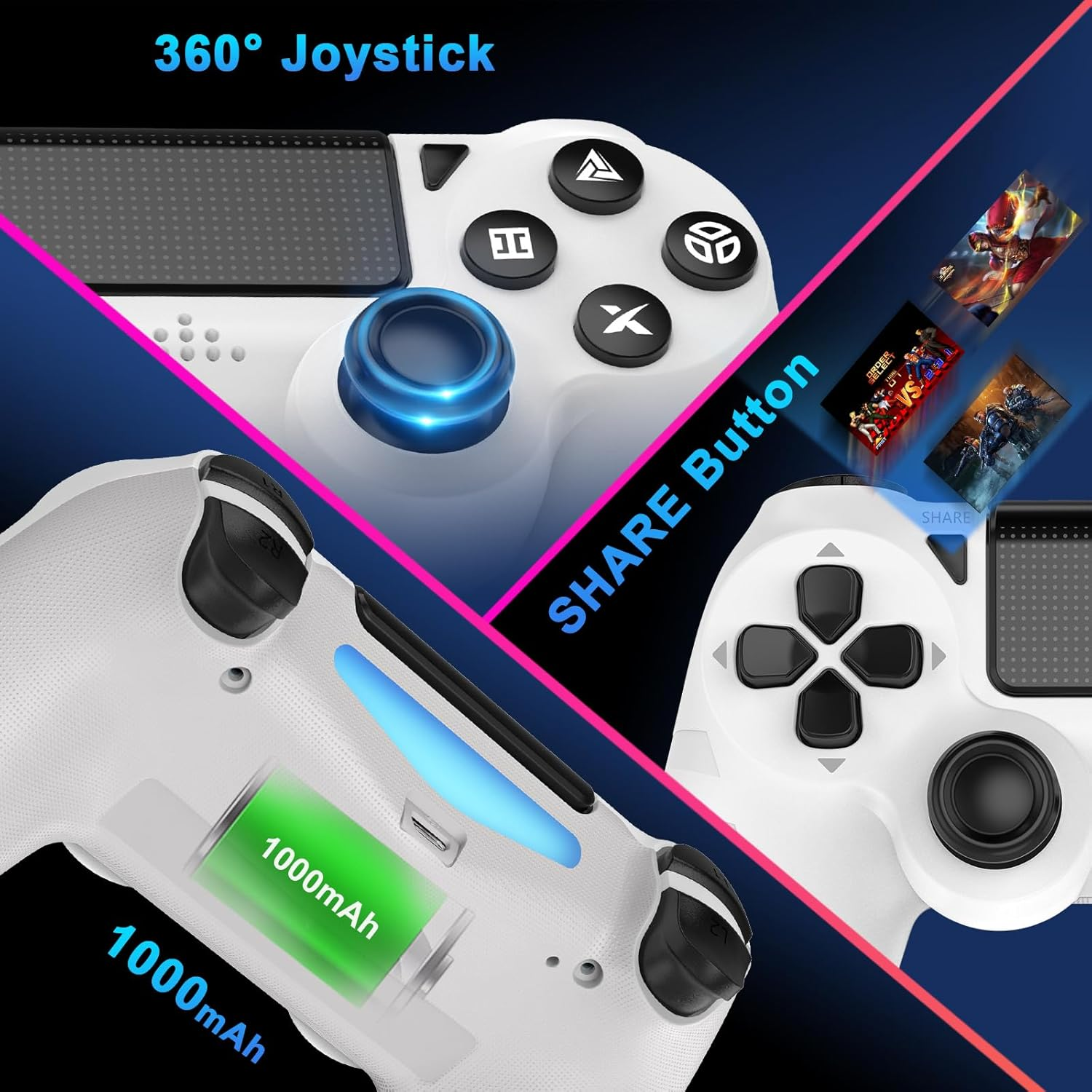 DYONDER Wireless PS4 Controllers for Ps4/Pro/Slim & PC &ndash; 1000Mah Battery, 6-Axis Motion Sensor, Audio Jack (White) image number 2