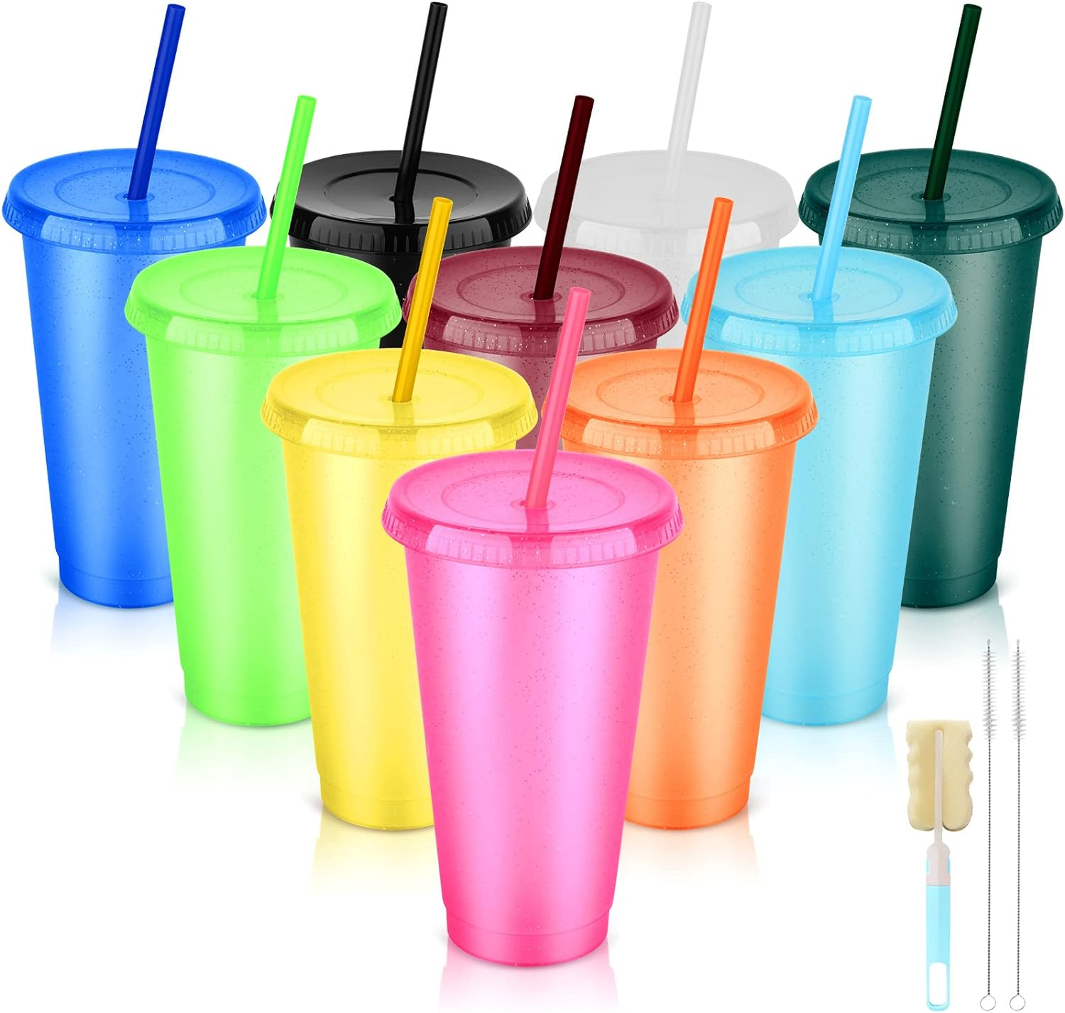 24Oz Reusable Plastic Cups with Straws & Lids:10 Pack Cold Iced Coffee Drinking Cup Colorful Straw Tumblers Bulk - Cute Durable Travel Party Cup for Adults image number 5