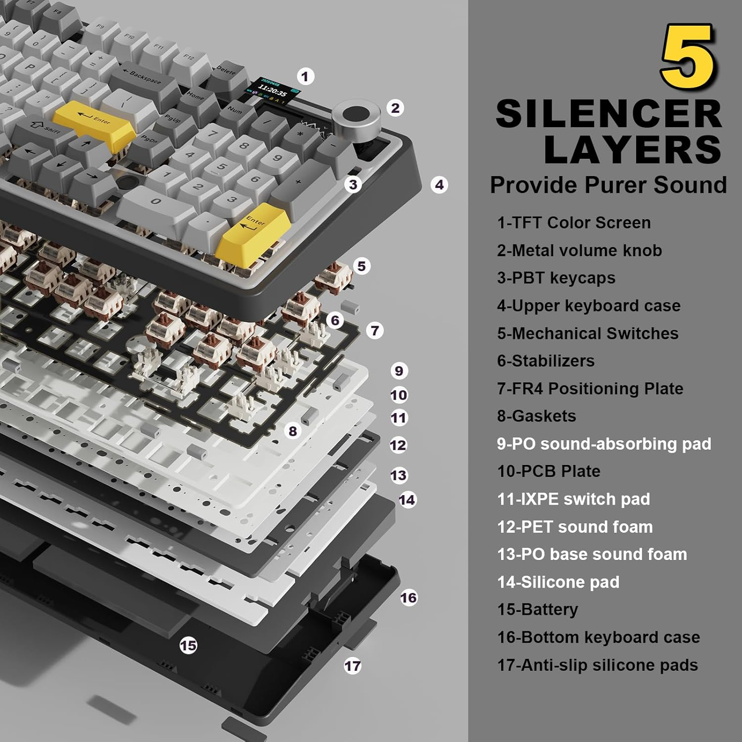 MIKIBY AJAZZ AK980 Wireless Keyboard with Smart Display & Knob,98% Mechanical Keyboard Tri-Mode BT/2.4G/USB-C, Hot Swappable, PBT Keycaps, with RGB Light for Win & Mac(Black,Murad Switch) - Purple image number 6