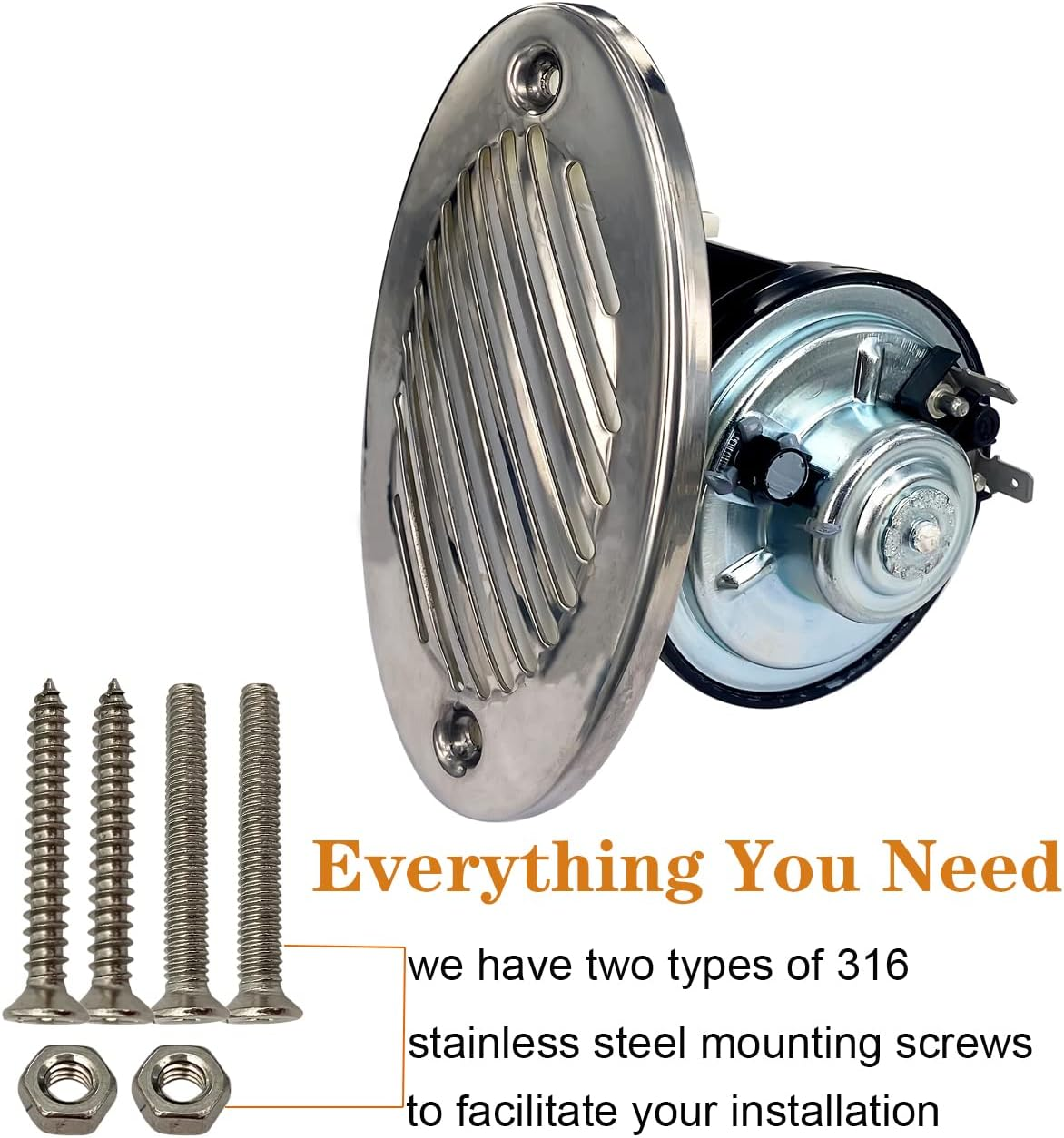 5190512 Boat Horns 316 Stainless Steel 12V 125DB Waterproof Marine Horn Sound Bright with Two Types of 316 Stainless Steel Mounting Screws image number 3