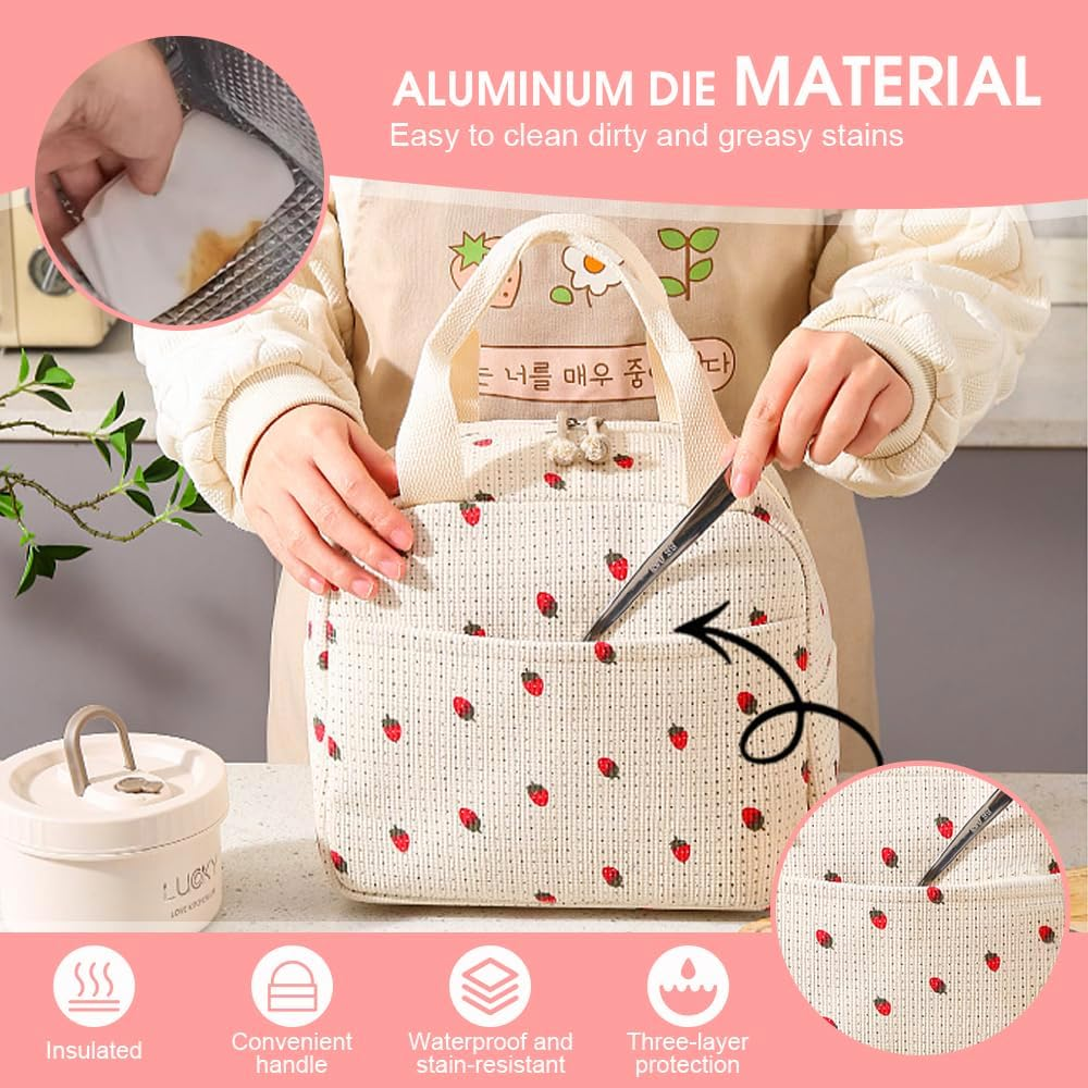 Insulated Lunch Bag for Kids & Adults, Reusable Corduroy Lunch Box Tote Bags, Leakproof Cooler Bag for Work Office Picnic School Travel BBQ, Large Capacity & Cute Design (Beige Strawberry) - Beige Strawberry image number 4