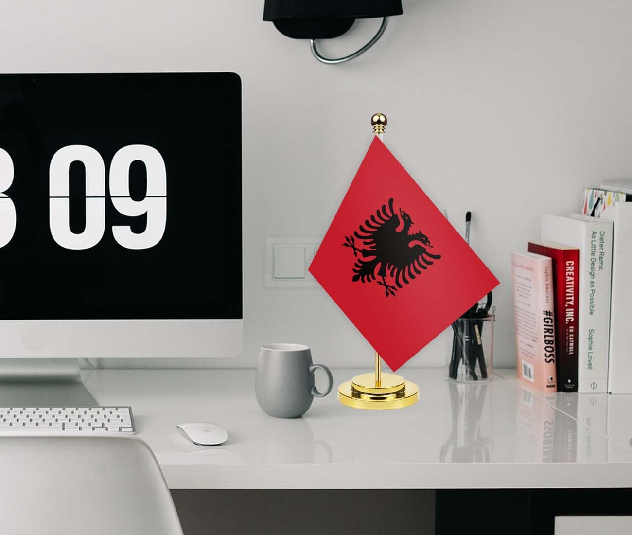 Albania Desk Flag,12 Inch Tall Small Albanians Indoor Banner,Tiny Printing Decor for Office Home Table Meeting with Golden Metal Pole Base image number 3