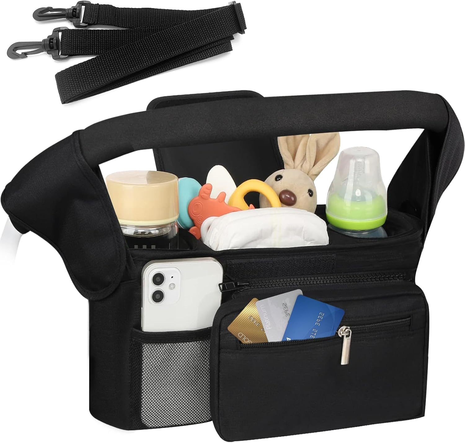 Universal Stroller Organizer with Insulated Cup Holders Detachable Phone Bag & Shoulder Strap, Stroller Accessories Fits for Britax, Uppababy, Baby Jogger, Bugaboo, BOB Stroller (Black)