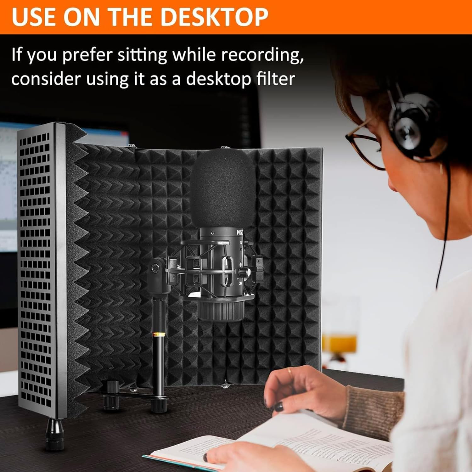 Homodoskey Microphone Isolation Shield with Pop Filter & Tripod Stand, Foldable Mic Shield with Triple Sound Insulation, High Density Mic Sound Shield for Recording Studio, Podcasts, Singing image number 3