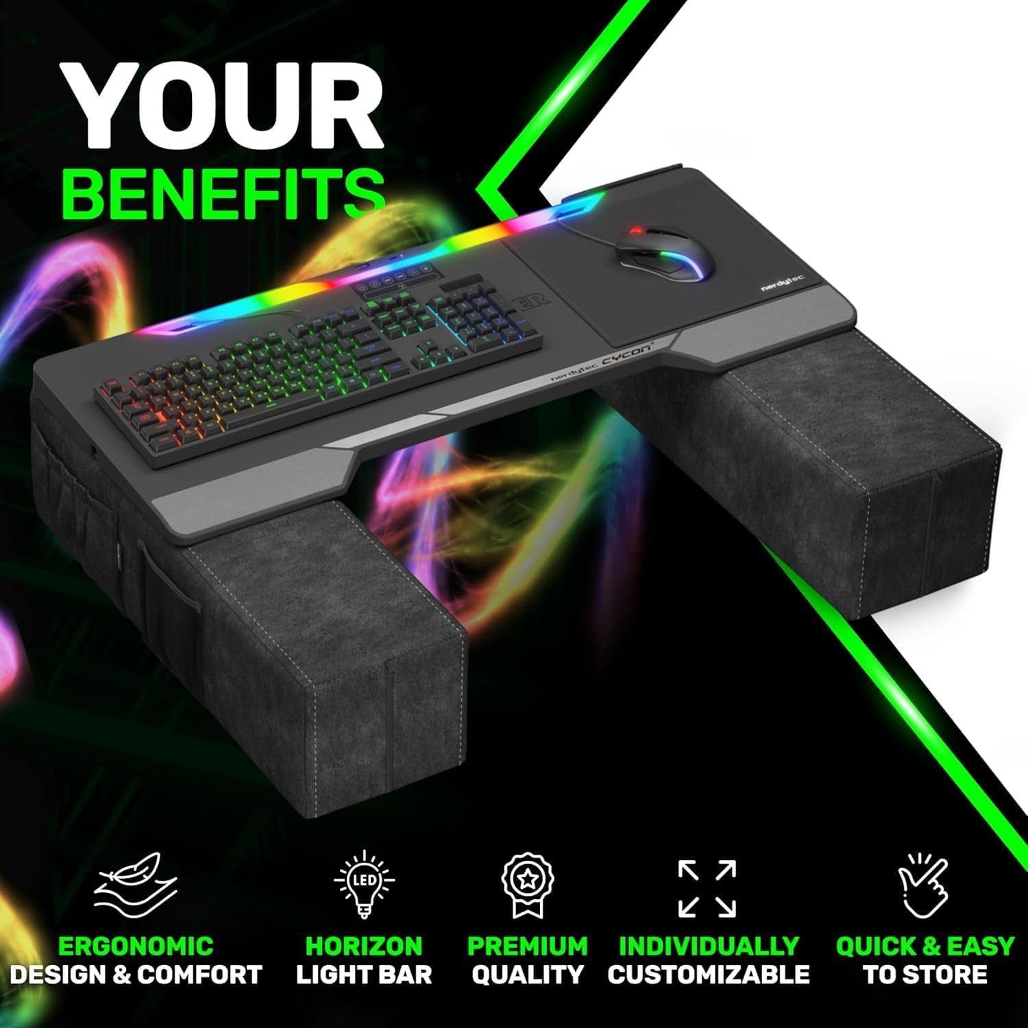 Couchmaster CYCON&sup3; HORIZONLIGHT Bar, Ultimate Ergonomic Usb-Hub Gaming Lap Desk for Couch and Bed, Large, Stable and Compatible with All Keyboards and Mouse/Mice, Lapdesk for Laptop, PC, PS4/5, Xbox