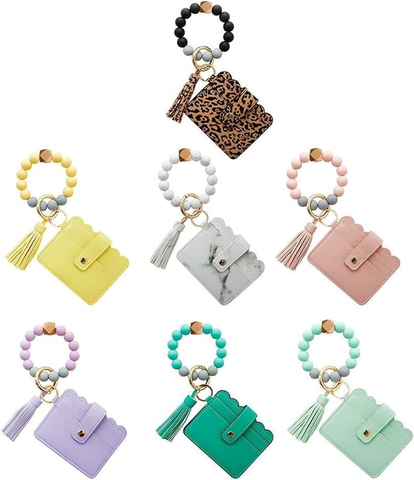 Silicone Beaded Bracelet Leather Keychain Wallet ID Card Holder Keyring Wristlet Bracelet Key Ring Chain Tassel Purse Women Girls Light Purple image number 4