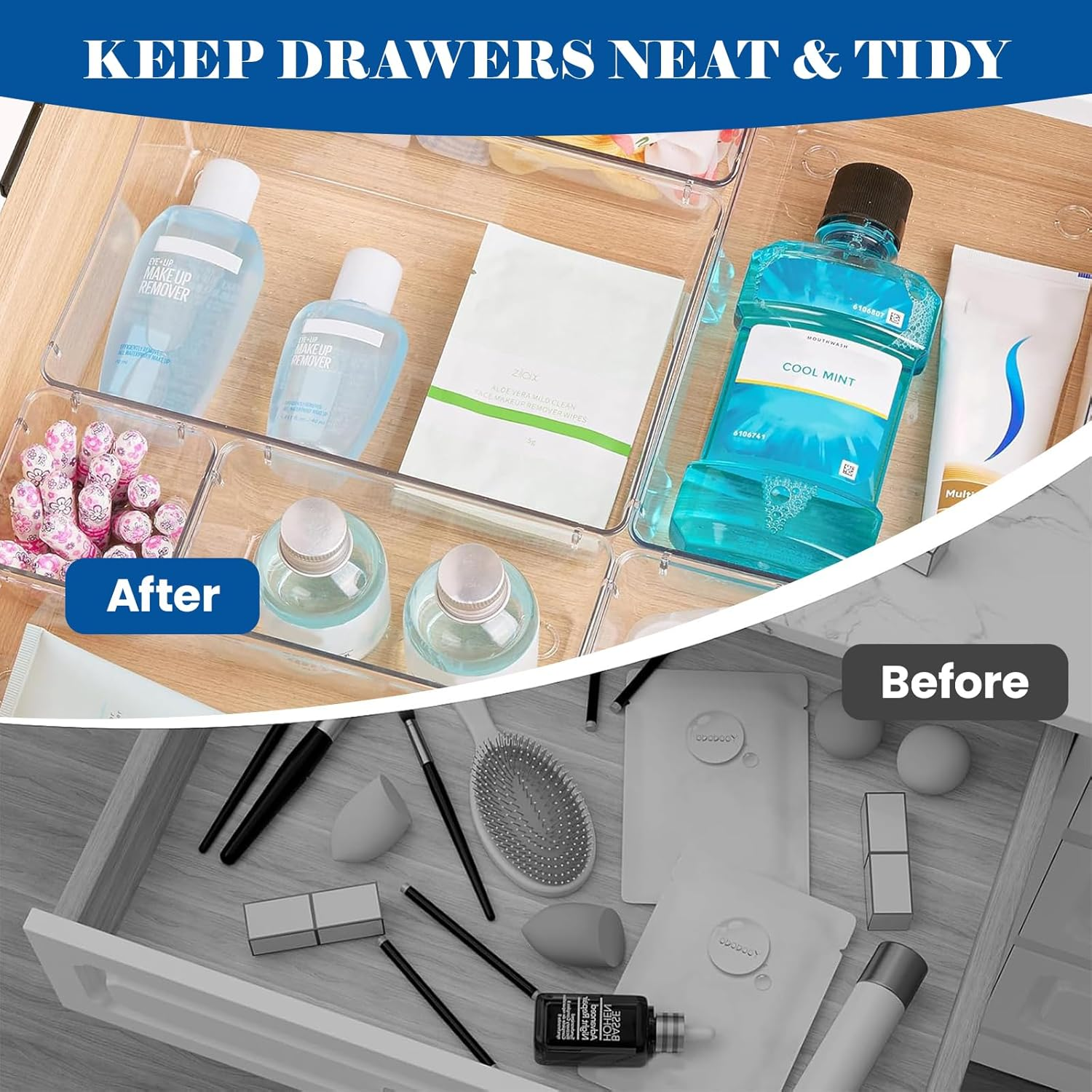 28 PCS Drawer Organiser Set, 4 Sizes Clear Plastic Desk Drawer Divider Organisers for Makeup, Jewelry, Non-Slip Vanity Organizer Trays for Kitchen, Bedroom, Bathroom, Office image number 2