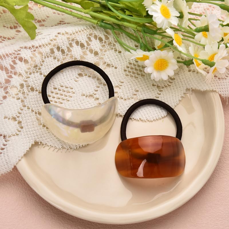 Guqqeuc 2 PCS Tortoise Shell Ponytail Hair Cuffs - Geometric Hair Ties Wrap for Women & Girls - Acetate Ponytail Ring Set for Long Thick Hair - 2 Count (Pack of 2) - Khaki, Pearl White image number 2
