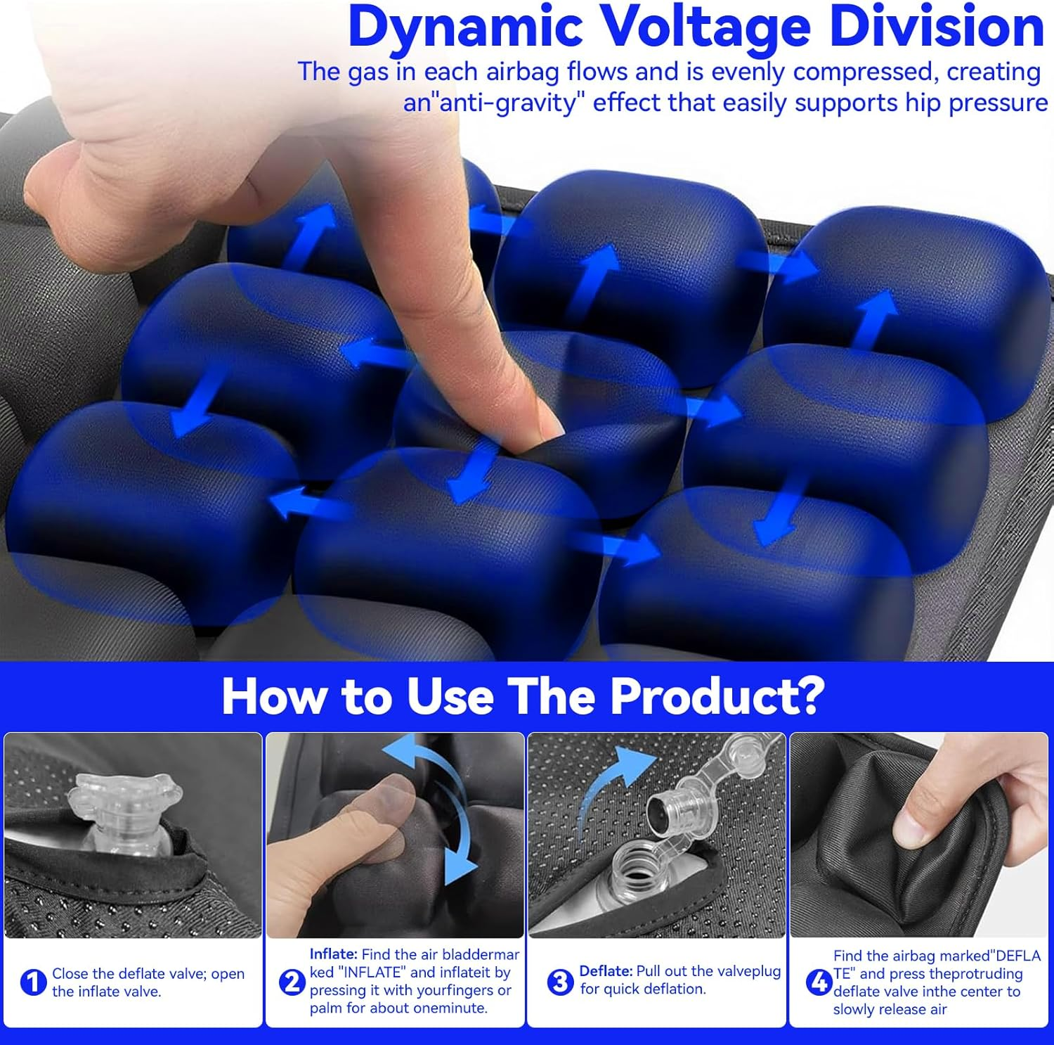 Portable Travel Cushion, 3D Air Cell Seat Cushion for Pressure Relief, Manual Press Inflateable Seat Cushion for Airplane Wheelchair, Car Set, Office Chair image number 4