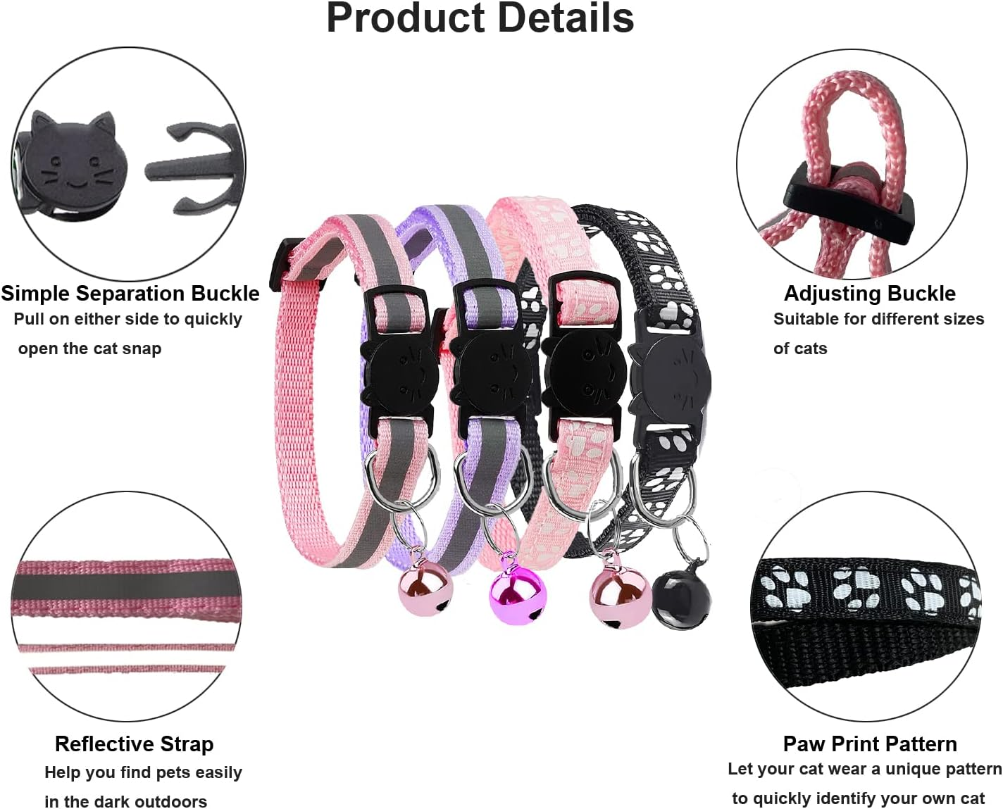 Reflective Cat Collar, Pack of 4, Safety Cat Collars with Quick Release, Adjustable Kitten Collar with Safety Clasp and Bell for All House Cats