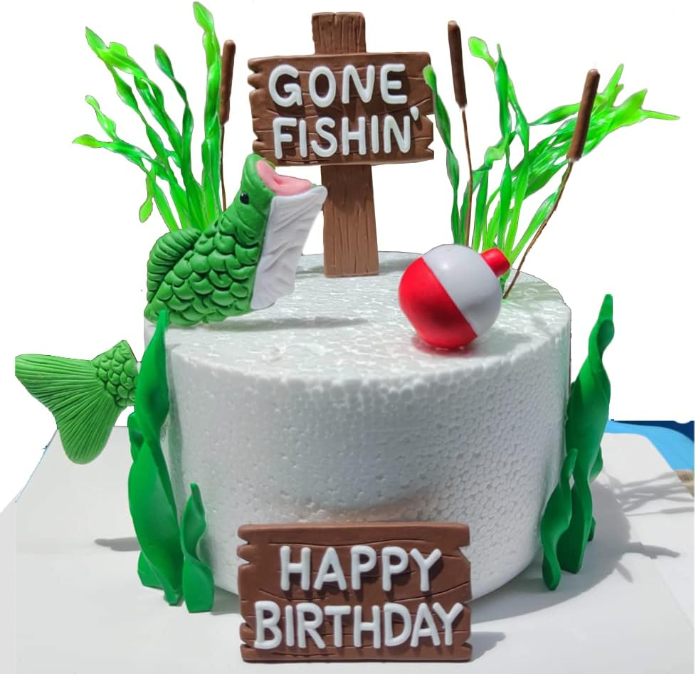Fishing Cake Topper Gone Fishing Cake with Bass Reed Happy Birthday Sign