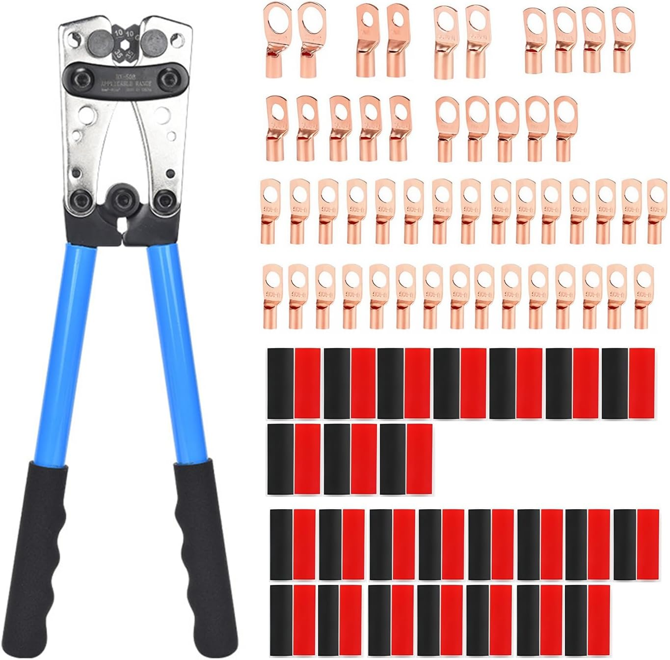 Battery Cable Crimping Tool 10-1 AWG with 8 Sizes 50Pcs Copper Ring Terminals Battery Terminal Crimper Set for Heavy Duty Wire Lugs, Battery Cable Lug Crimping Tool