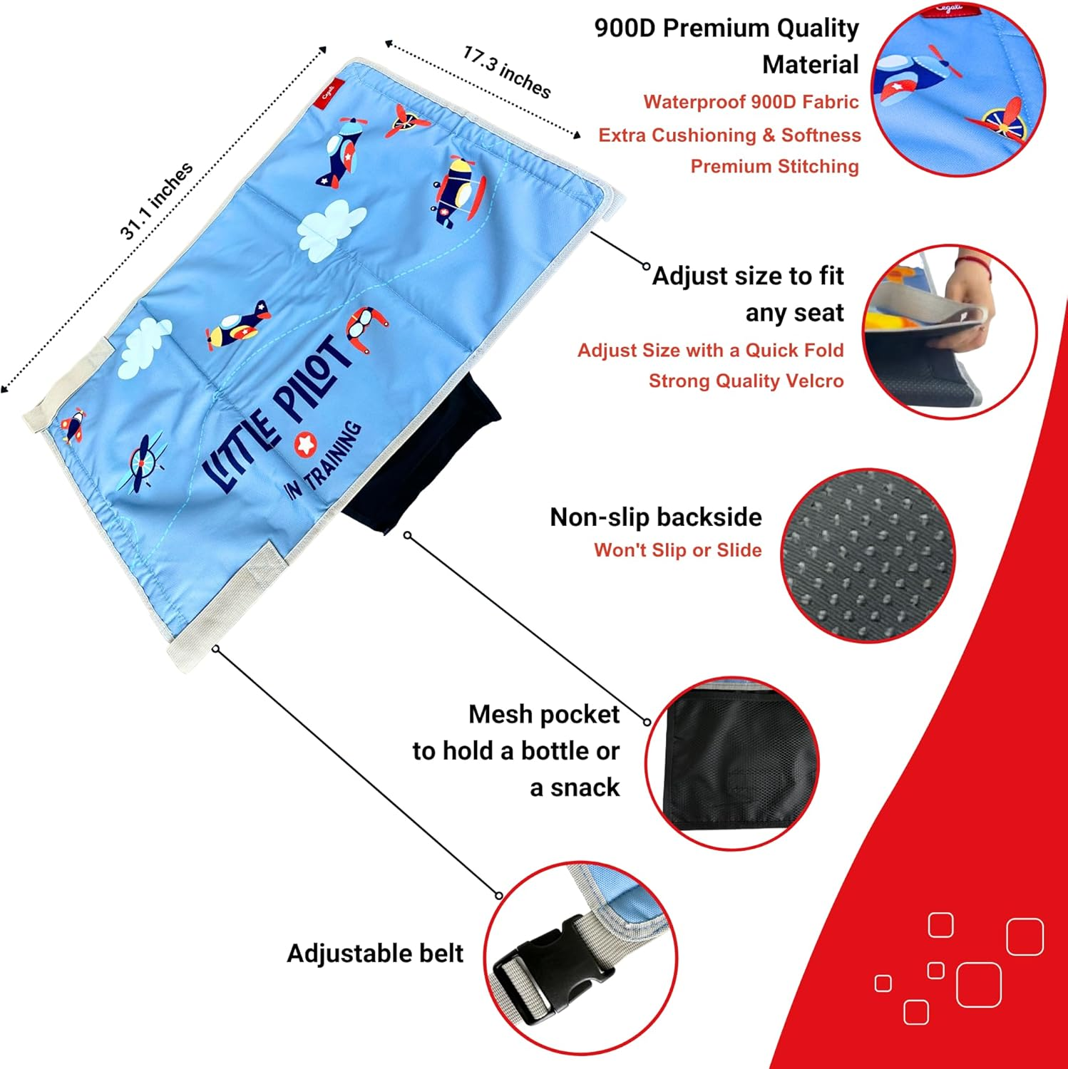 Cegali Airplane Seat Extender for Kids: Enhance Your Child'S In-Flight Comfort. Travel Toddler Bed, Airplane Footrest, Airplane Foot Hammock and Seat Extender, All in One (Little Pilot - Cool Grey) image number 6