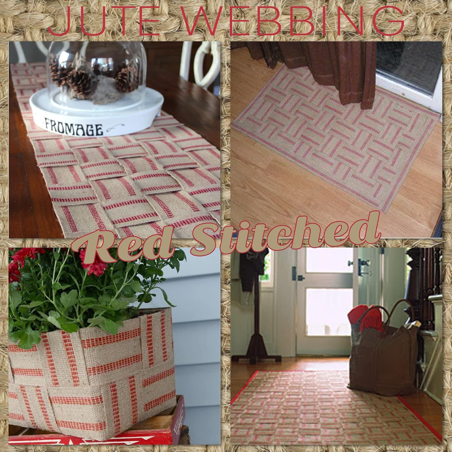 MEEDEE Red Jute Webbing 2 Inch Upholstery with Red Stitching - Heavy Duty Furniture Webbing for Chairs, Christmas Garland, Jute Wreath, Banner (10 Yards) image number 5