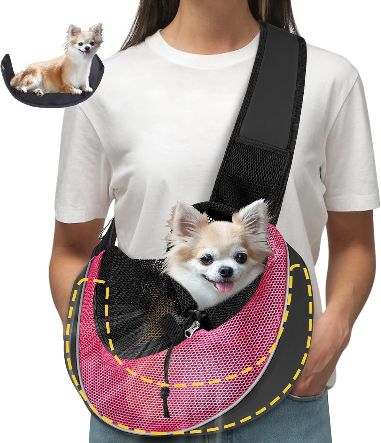 Upgraded Breathable Mesh Dog Sling Carrier for Small Dogs & Cats up to 10Lbs-Detachable Hard Bottom,Adjustable Strap & Large Pocket-Hands-Free Pet Carrier for Women Travel Walking Hiking (Pink Size M)