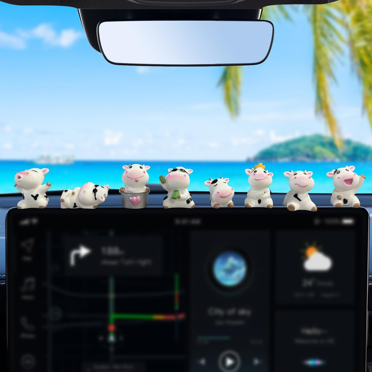 8Pcs Cute Cow Car Dashboard Ornaments - Vehicle Rear View Mirror/Dashboard/Touchscreen Top Funny Adorable Mini Decor Set, Cars Interior Accessories for Women Men (1, Cow)