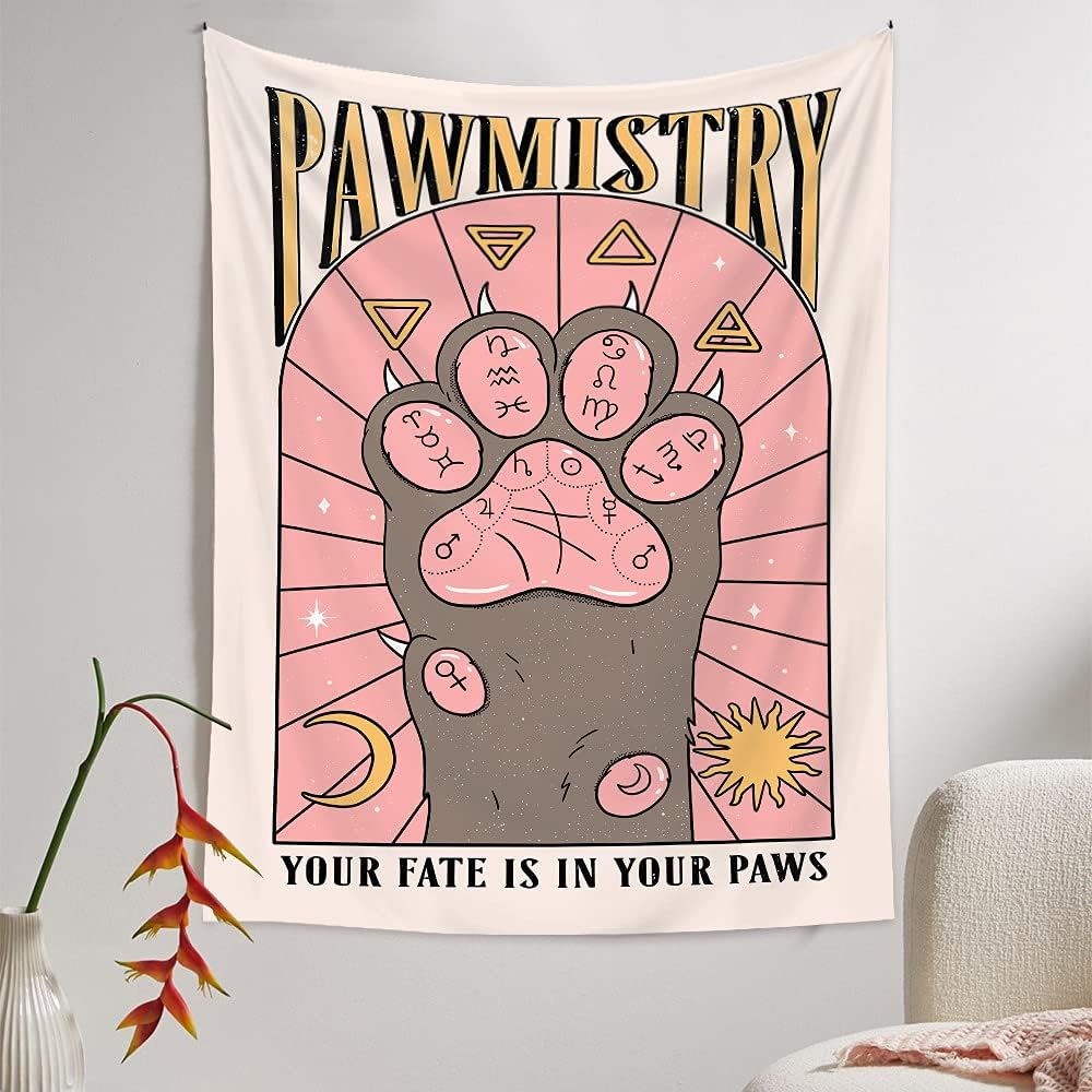 Kawaii Tapestry Kawaii Wall Decor Pink Cat Paw Tapestry Kawaii Room Decor Pink Colorful Tarot Wall Tapestry for for Bedroom Dorm Home Living Room Wall Decor (39Inches(L)*59Inches(W)) image number 2