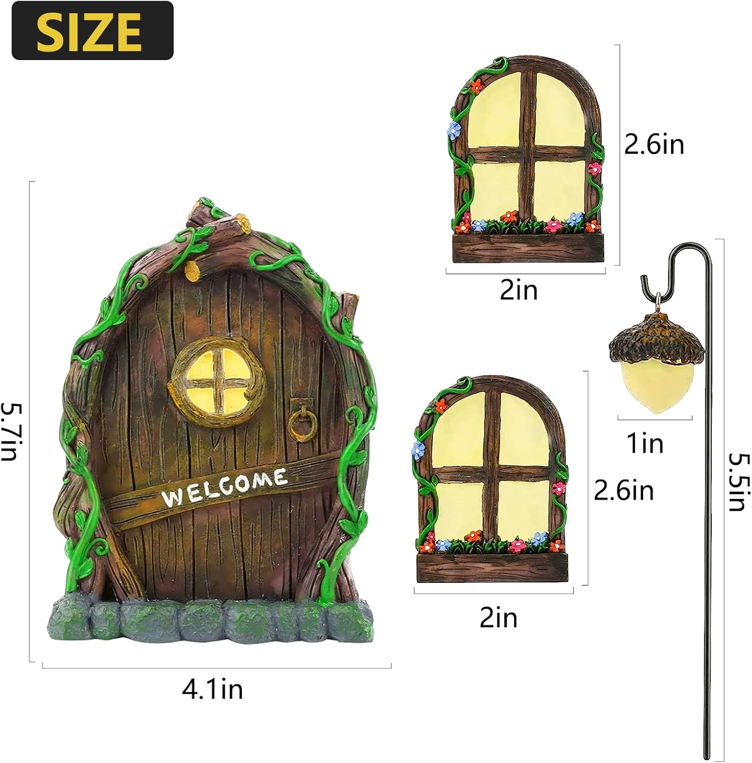 Miniature Fairy Garden Accessories: Glow in the Dark Fairy Door and Windows for Trees, Green Resin Garden Ornament with Lantern image number 1