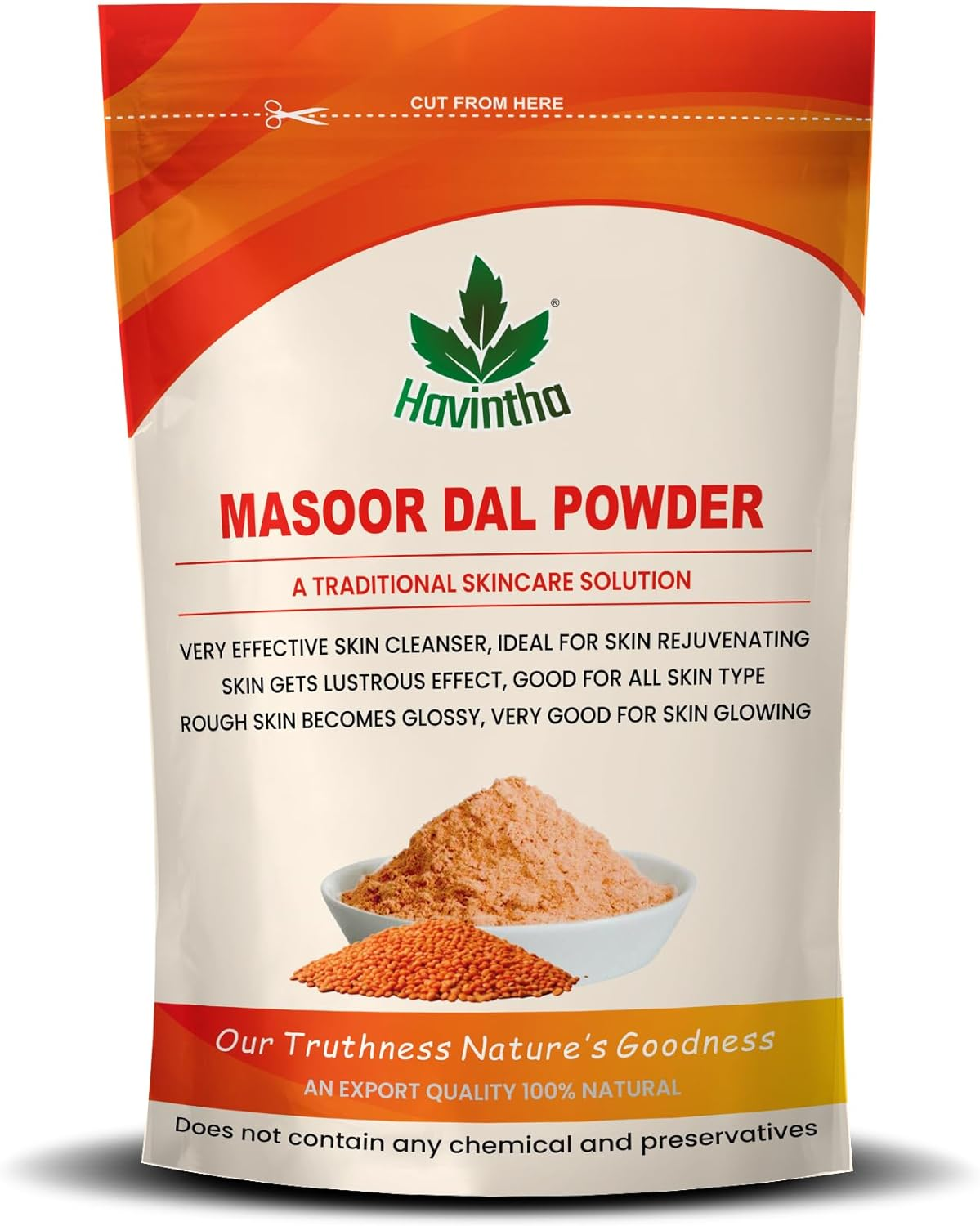 Havintha Masoor Dal Powder for Herbal Face Wash | Skin Fairness anti Aging Wrinkles Acne Pimples and Darkspots - 227 Grams image number 2