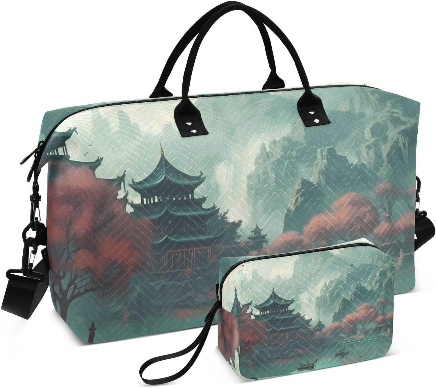 XYMZR Large Travel Duffel Bag, Building Chinese Style Sports Tote Gym Bag, Shoulder Weekender Overnight Bag for Women Men, Carry on Luggage with Toiletry Bags, Multi-Colored, Multi-Colored image number 3