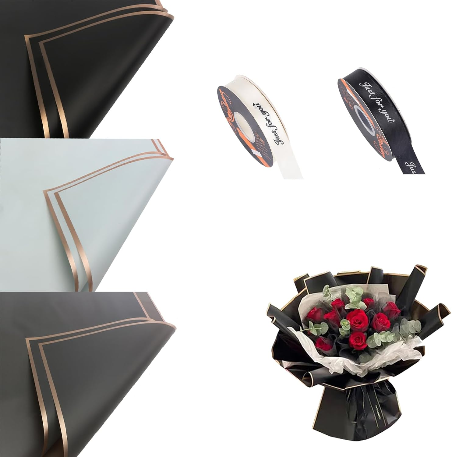 60 Pieces of Bouquet Wrapping, 22.8-Inch Large Size,Organza Ribbon and Greeting Card,Waterproof Translucent Phnom Penh Wrapping, Bouquet Wrapping, (Black, Blue, Gray) image number 6