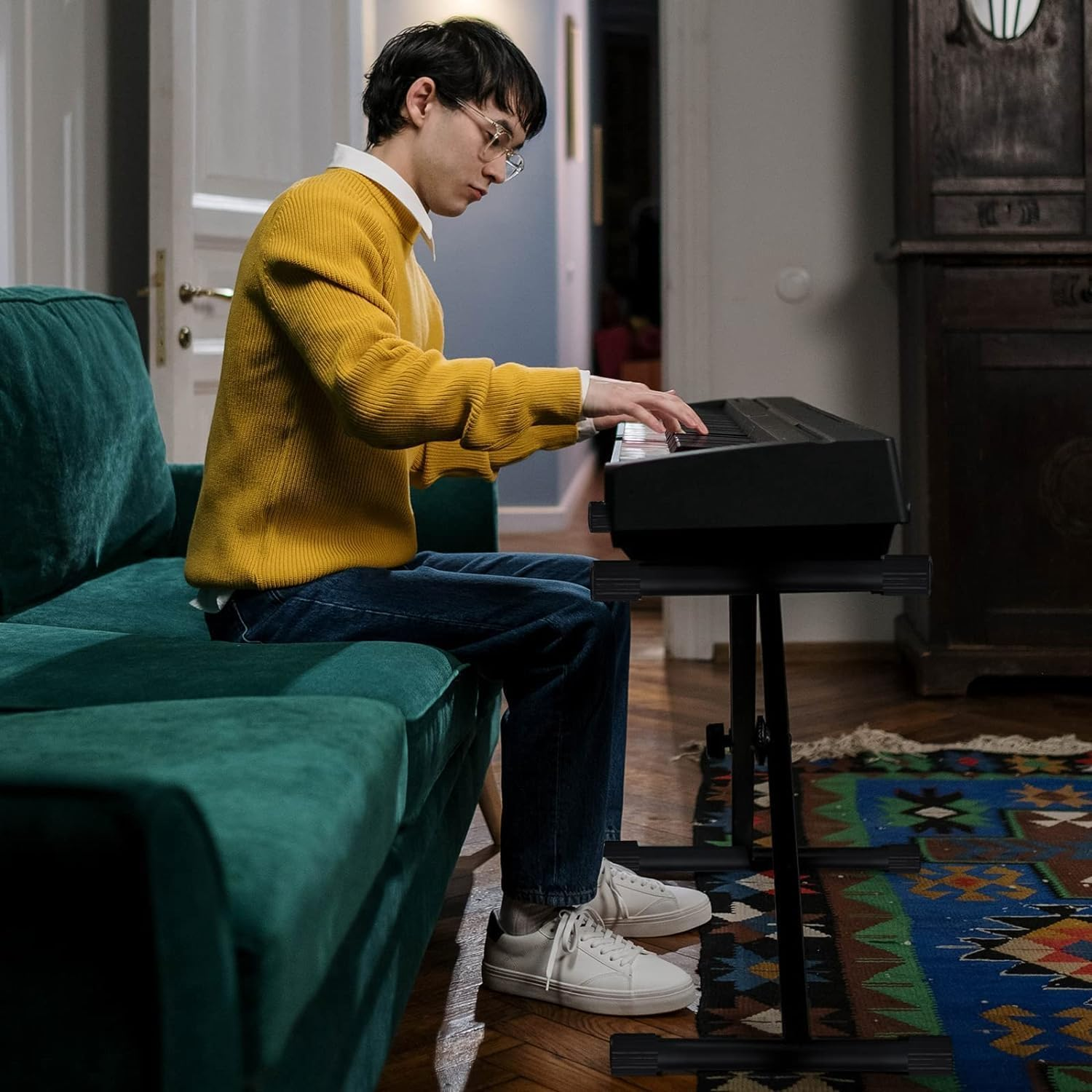 Keyboard Stands and Bench Set, Upgrade Heavy Duty Double-X Keyboard Stand Adjustable & Portable Digital Piano Stand with Locking Straps image number 1