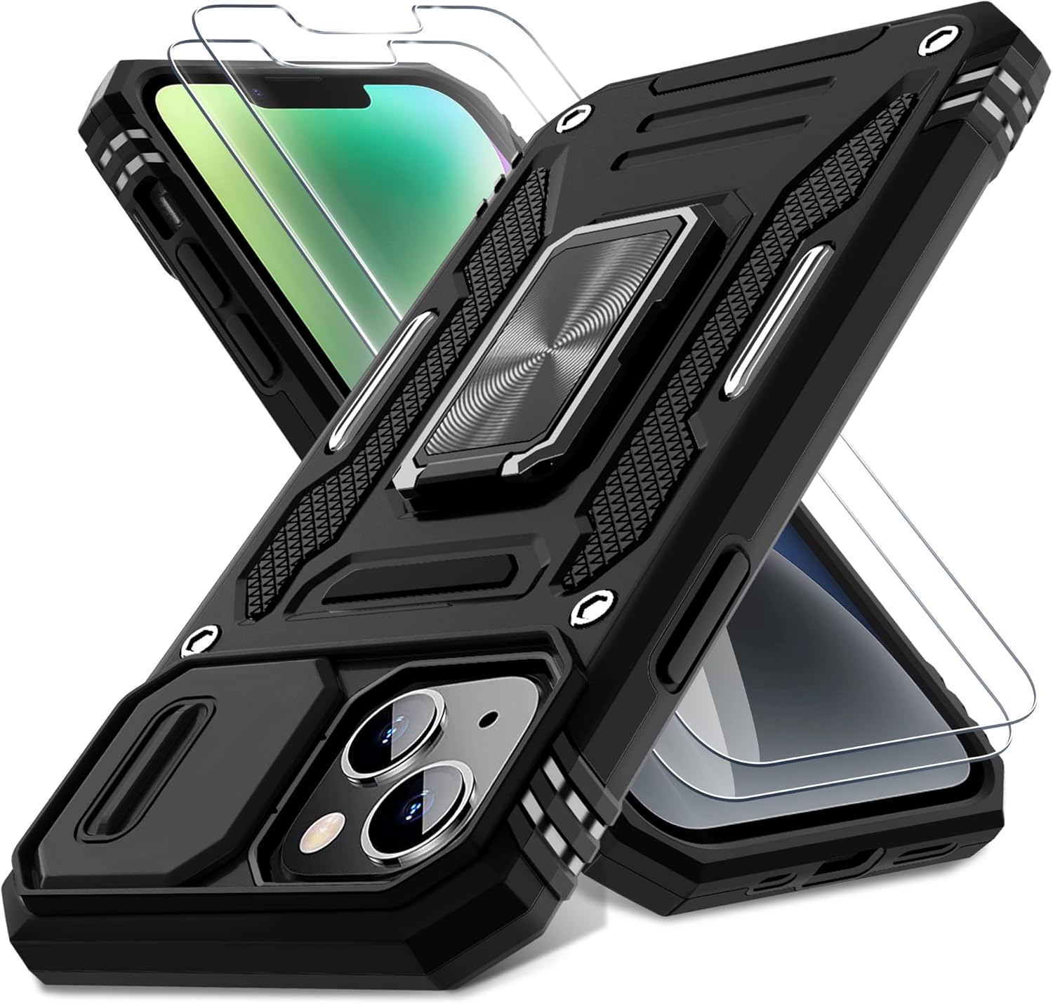 DEERLAMN Case for Iphone 13/Iphone 14 6.1-Inch with Slide Camera Cover+Screen Protector(2 Packs),Rotated Ring Kickstand Military Grade Shockproof Protective Cover-Navy Blue