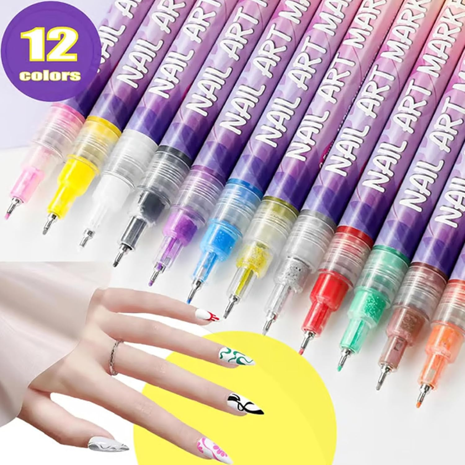 Graceifully 12-Color Nail Pen Set, Entiretotal 12 Colors Nail Art Pens Set, Nail Art Markers Fine Tip, Quick Dry Nail Pens, Acrylic Paint Markers Fine Tip for Nail Art (1Set) image number 6