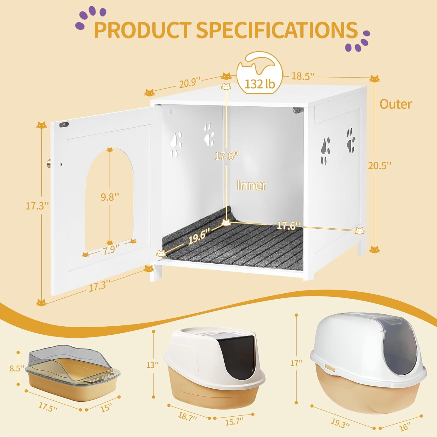 Hzuaneri Cat Litter Box Enclosure, 21.6" L Hidden Litter Box Furniture, Wooden Indoor Pet House with Front Arched Door, Side End Table, Nightstand for Living Room, Bedroom, White CB82213X image number 2