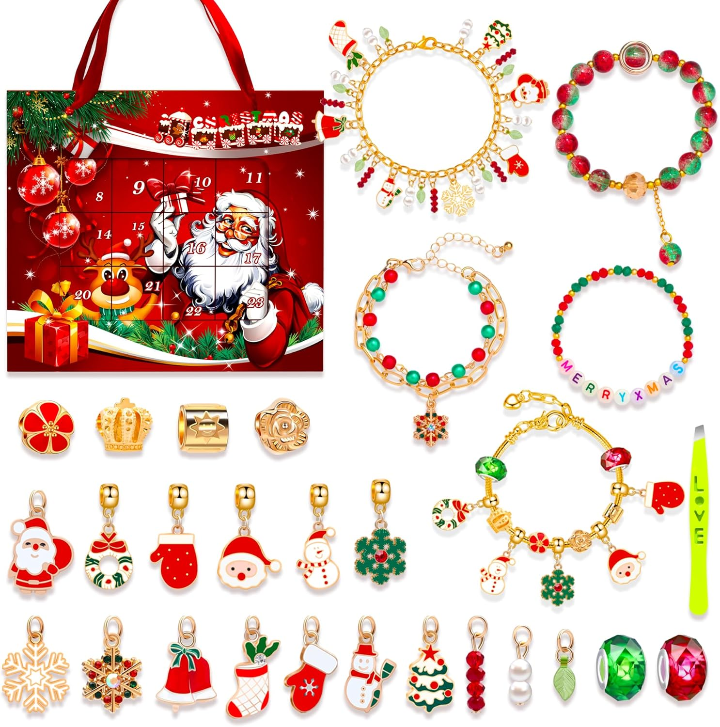 Wimarn Bracelet Making Kit for Girls,Christmas DIY Jewelry Sets with Beads Charms Bracelets & Necklace String, DIY Crafts Supplies Kits Gifts for Young Girls & Kids (24Pcs Christmas Elk & Gift Box) image number 3