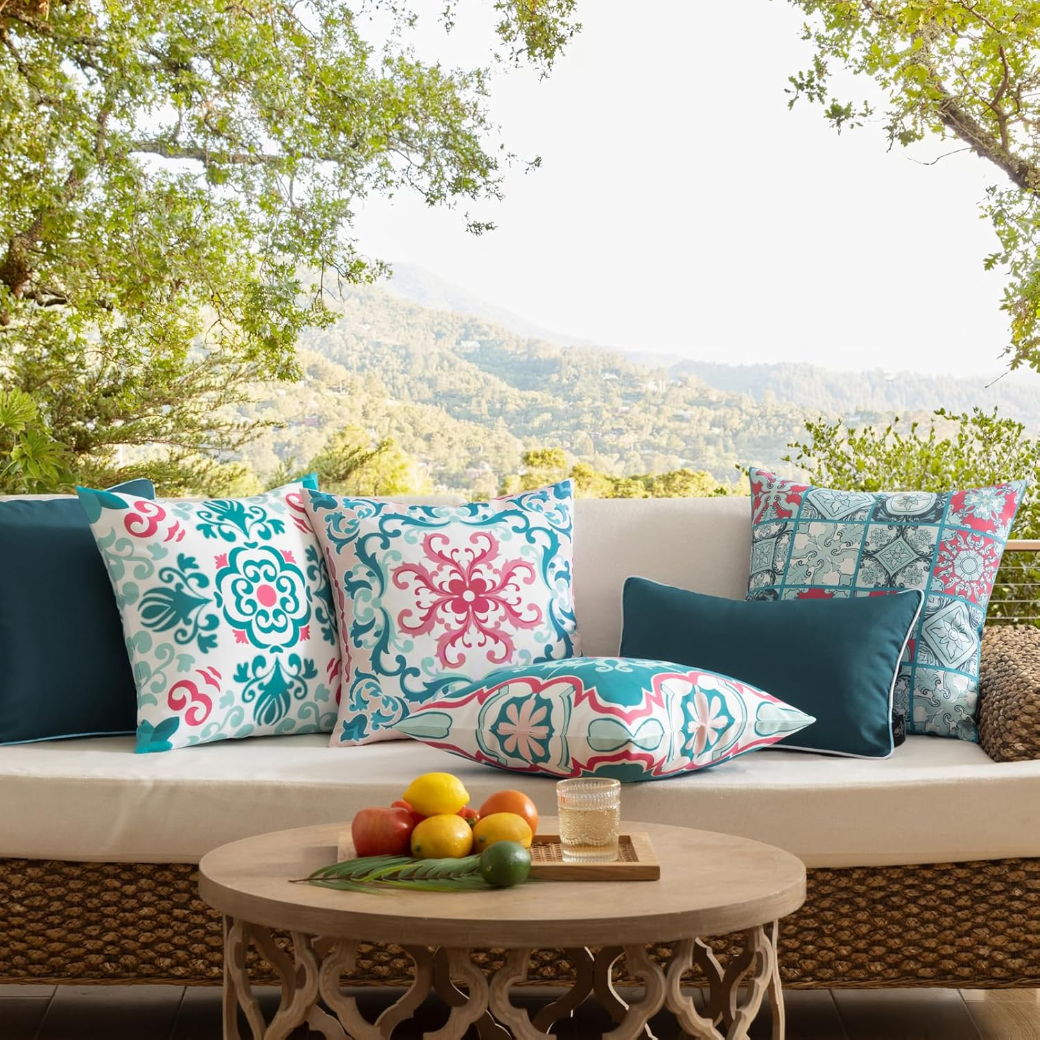 Phantoscope Set of 4 Outdoor Waterproof Throw Pillow Covers, Geometric, Decorative Boho Farmhouse Outdoor Pillows Cushion Case for Home Patio Furniture Tent Sunbrella, Teal/Pink 18X18 Inches image number 4