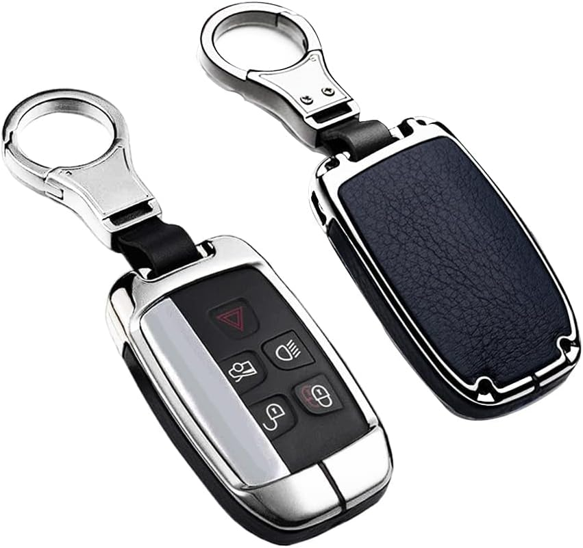 HIBEYO Zinc Alloy Leather Key Fob Case Cover for Land Range Rover Discovery Jaguar XJ F-PACE F-Type - Silver Black image number 5