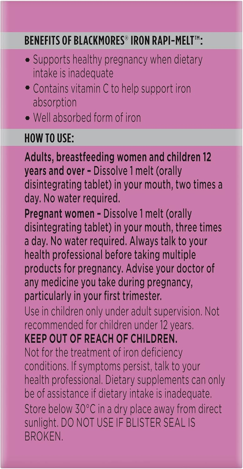 Blackmores Iron Rapi-Melt | Formulated with Iron Chelate and Vitamin C | Supports Iron Levels in the Body | Tropical Flavour | 90 Melts image number 5