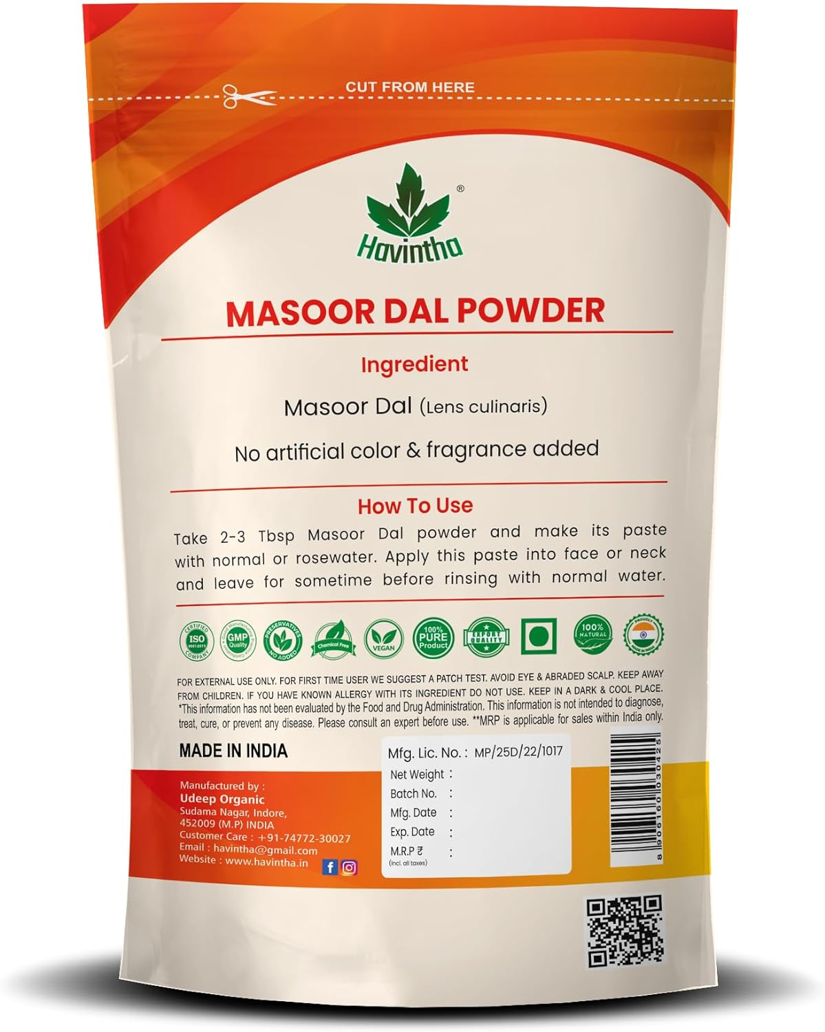Havintha Masoor Dal Powder for Herbal Face Wash | Skin Fairness anti Aging Wrinkles Acne Pimples and Darkspots - 227 Grams image number 1