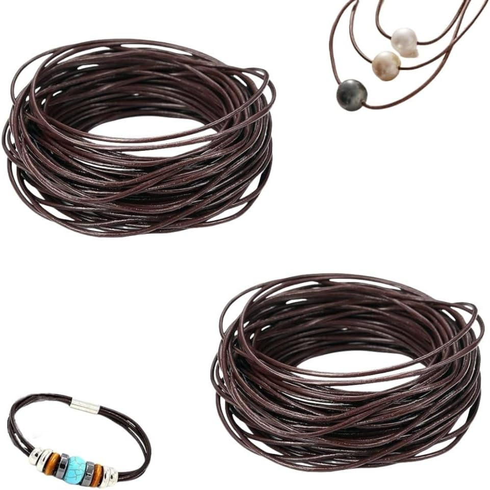 2 Roll 2Mm X 11Yard Leather Cord,Round Leather String,Retro Brown Leather Lace,Leather Rope Cord Leather Twine for Bracelets,Necklaces,Jewelry Making and Crafts,Shoelaces,Braided Bracelets