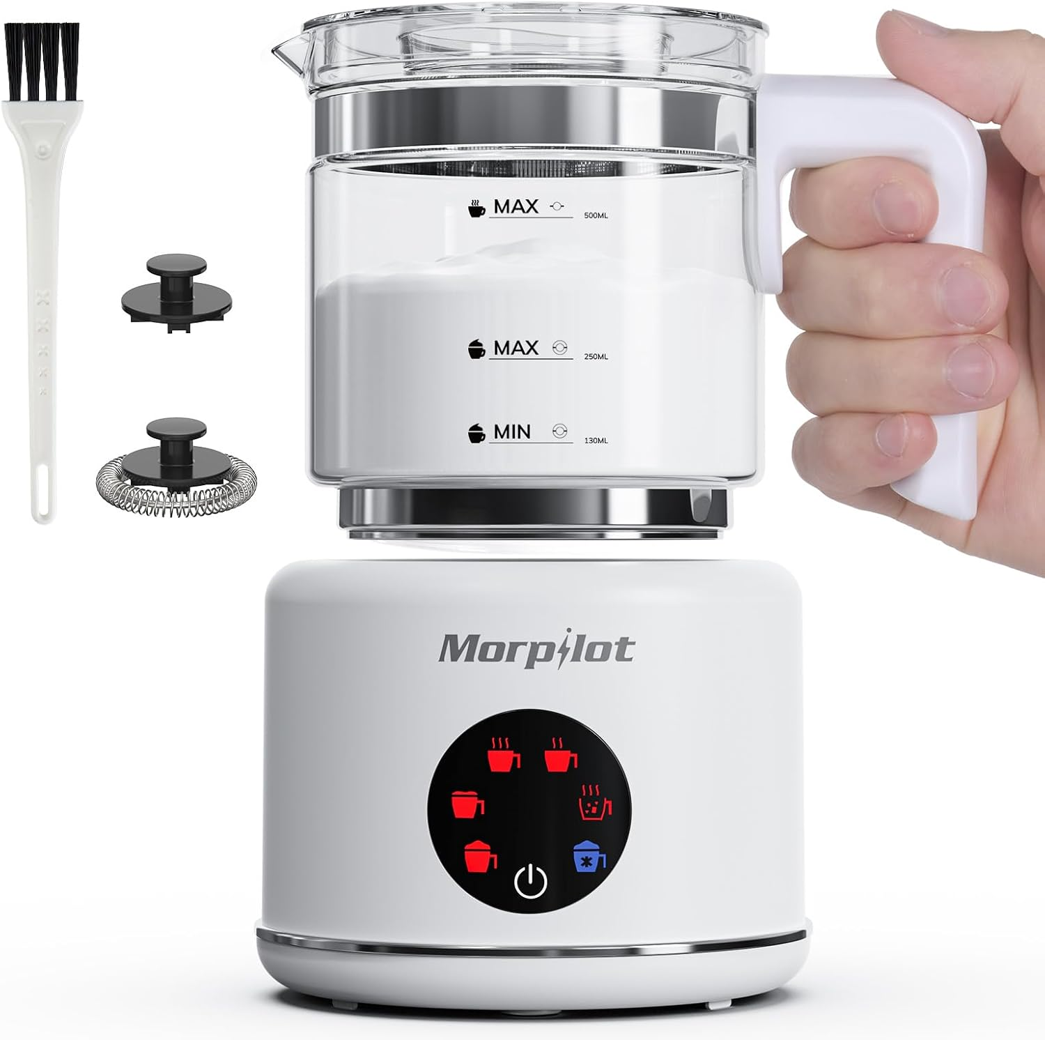 Morpilot Electric Milk Frother, 6-In-1 Milk Frother for Hot, Cold and Hot Chocolate, 130-500 Ml, 600 W, Non-Stick Coating, Latte Design, Dishwasher Safe, Stainless Steel, Black