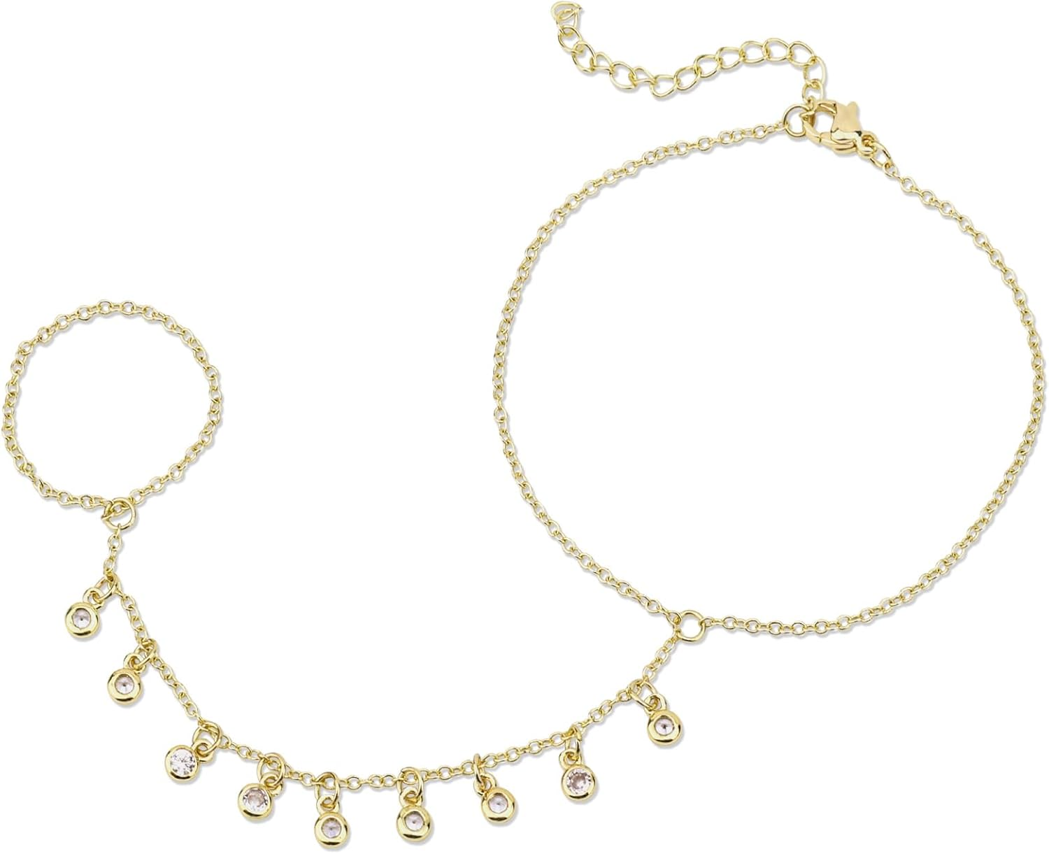 Gold Plated Women'S Bracelet, Gold Plated Hand Chain Finger Ring Bracelet Hand Chain Bracelet for Women Fashion Jewelry Gift Accessories, Medium, No Gemstone image number 4