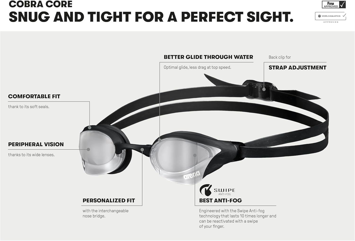 ARENA Cobra Core Swipe Mirror Goggles, Unisex Goggles for Indoor and Outdoor Swimming with Dual Strap, Swipe Anti-Fog Technology, and UV Protection, Wide Vision & Customisable Fit image number 3