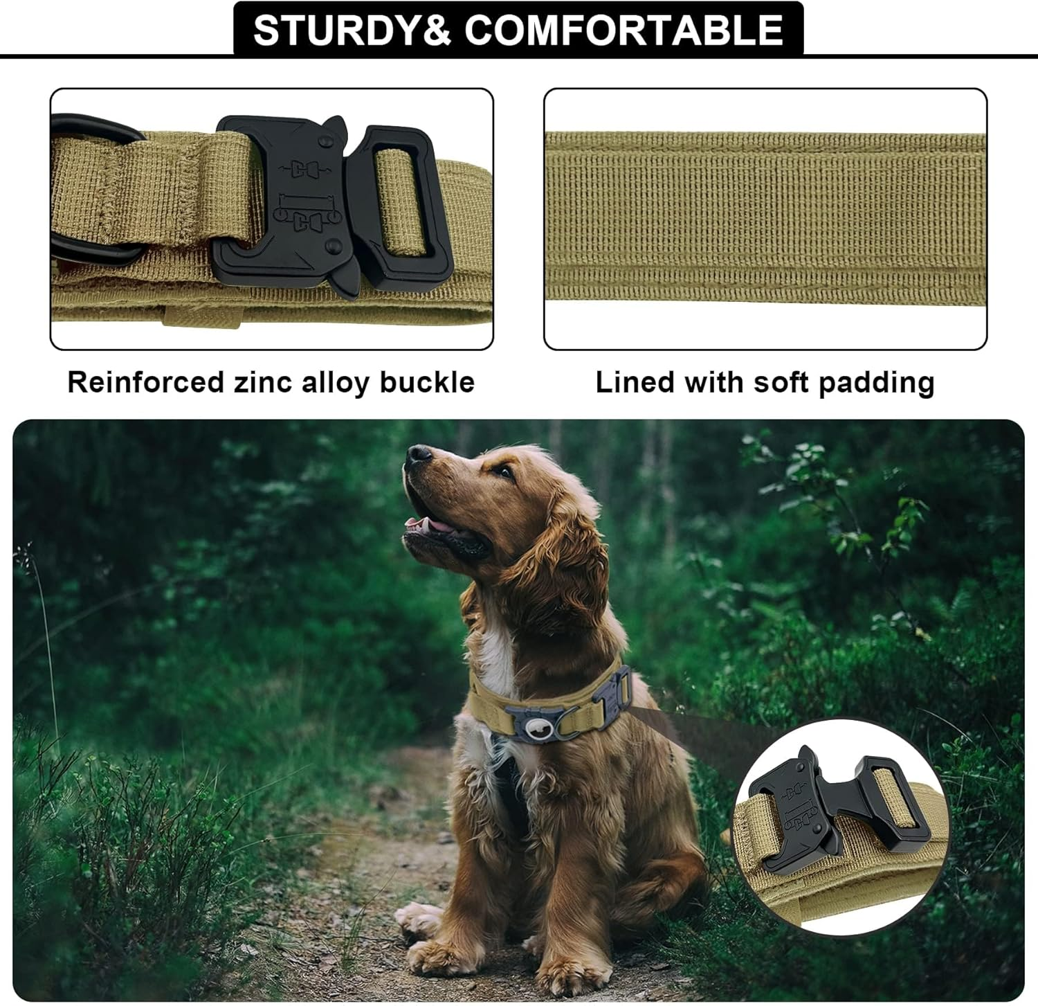 For Airtag Dog Collar - Tactical, Heavy Duty, Adjustable GPS Dog Collar Compatible with Airtag, with Holder & Control Handle for Medium/Large Dogs, Double Locking Metal Carabiner [Brown, image number 3