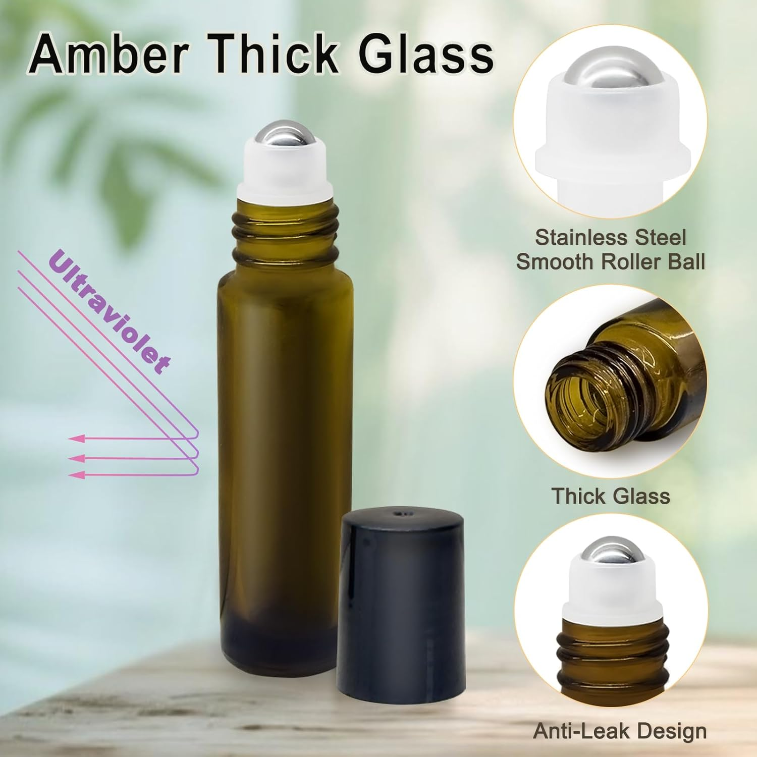 ZOHEA 5 PCS Roller Bottles 10Ml, Amber Glass Roller Ball Bottle with Stainless Steel Ball, Thick Refillable Containers for Essential Oil/Perfume/Lip Gloss/Aromatherapy/Facial Body Care image number 1