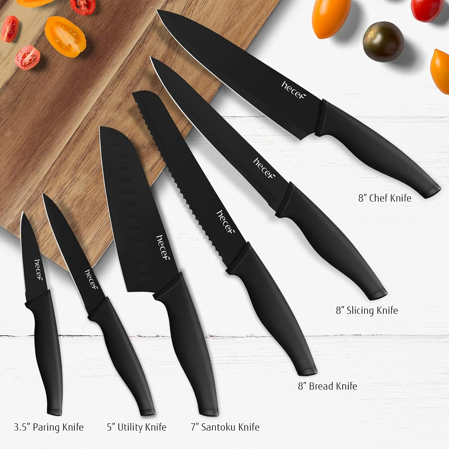 Hecef Black Oxide Knife Set of 6 with Matching Blade Protective Sheath, Black Kitchen Knife Set, Scratch Resistant & Rust Proof, Hard Stainless Steel, Non Stick Black Color Coating Blade Knives image number 5