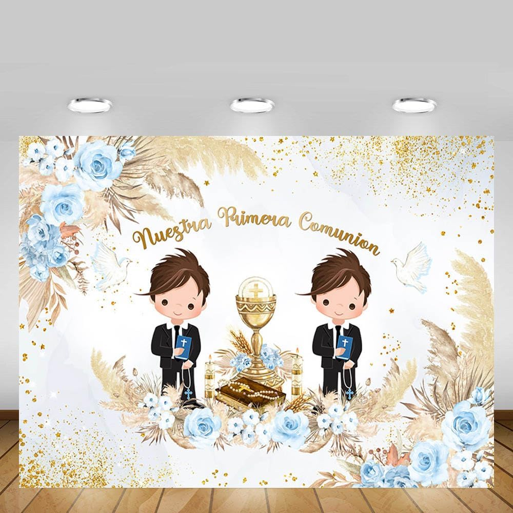 MEHOFOND 2.1 X 1.5 M Background of Boys Twins Christening Our First Communion Bohemian Flower Panther Grass Golden Dot Photography Background Cross Dove Christening Party Decoration Banner Props
