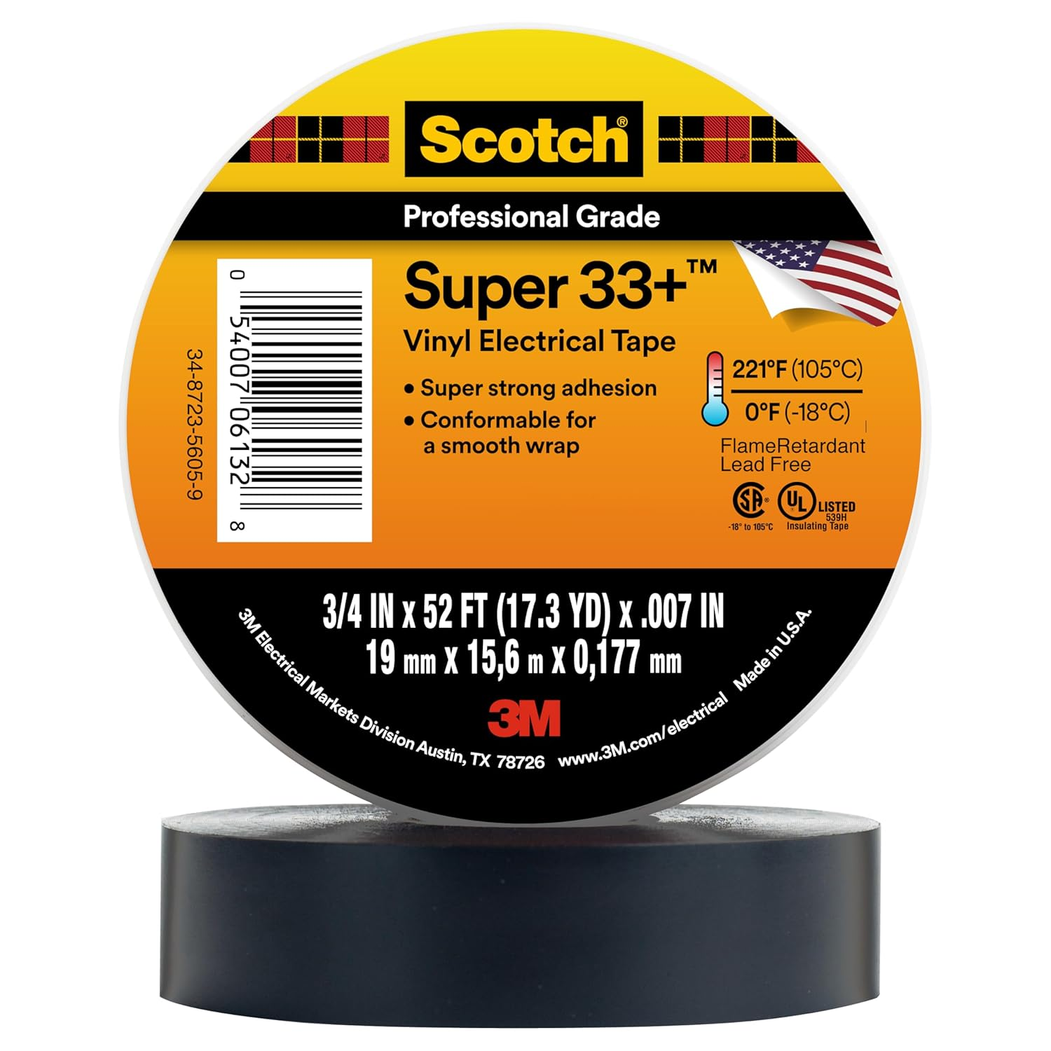 3M Scotch(R) Super 33(TM) Vinyl Electrical Tape, 3/4 in X 52 Ft, Black image number 1