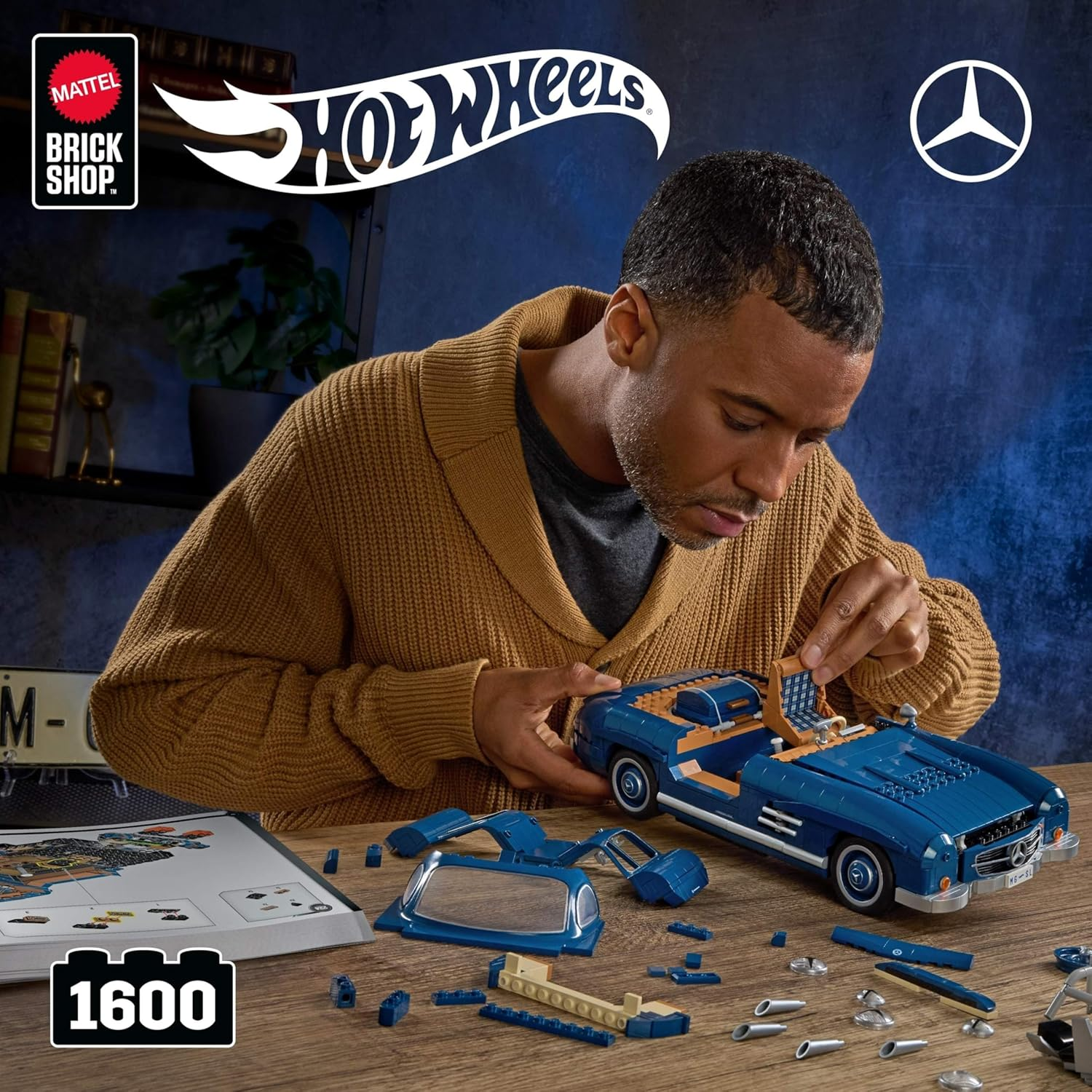 Mattel Brick Shop Hot Wheels Premium Series Building Set, Mercedes-Benz 300 SL with 1600 Pieces, Realistic Details and Metal Parts, Adult Collectors